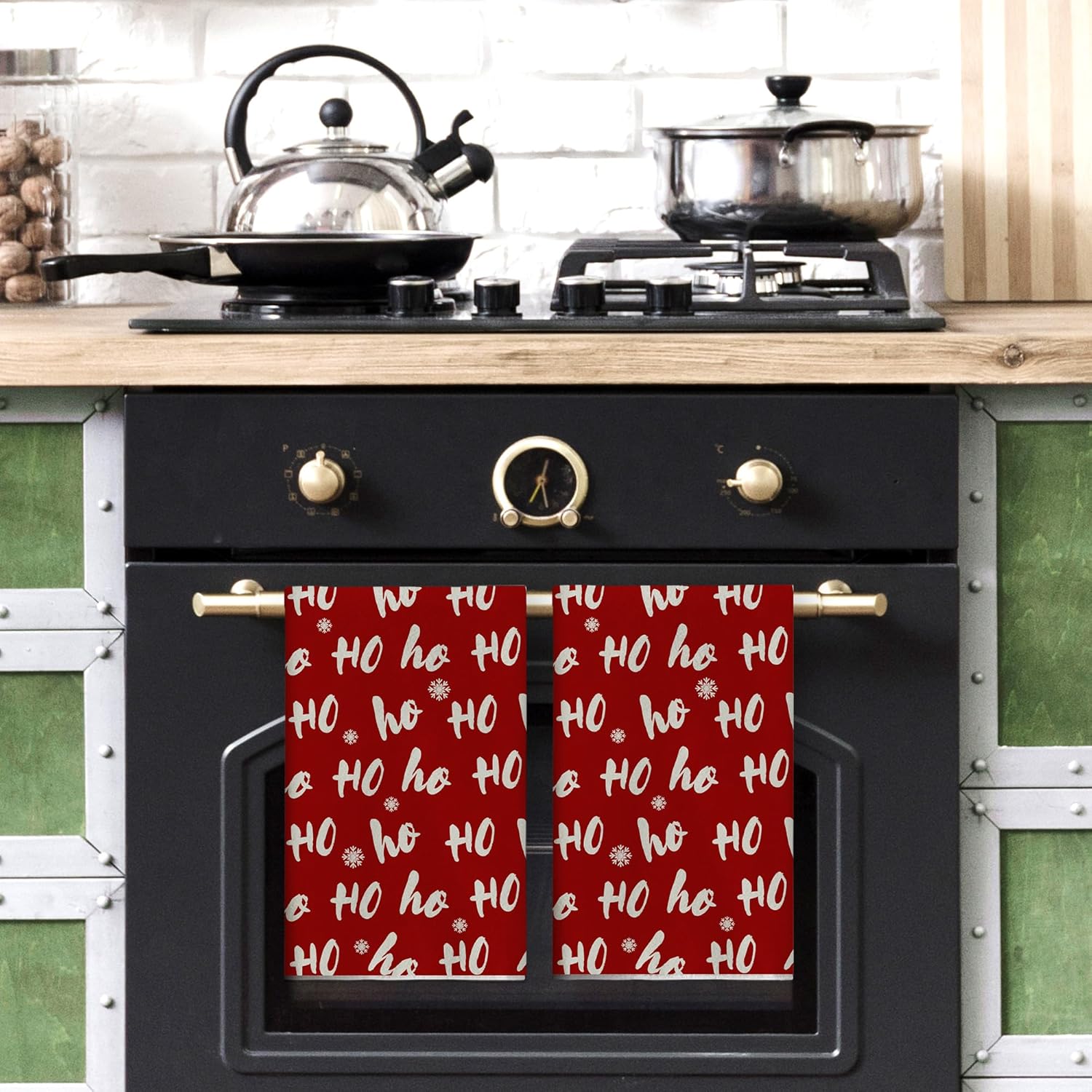 Sparkling Christmas Kitchen Towels Festive Ho Ho Ho Design Machine Washable Durable