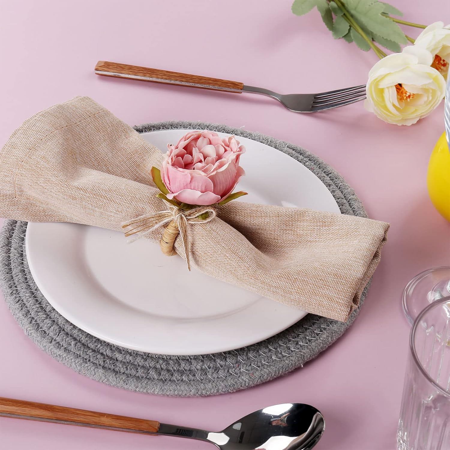FEKIDO Handcraft Flower Napkin Rings Set of 6 Pink Peony