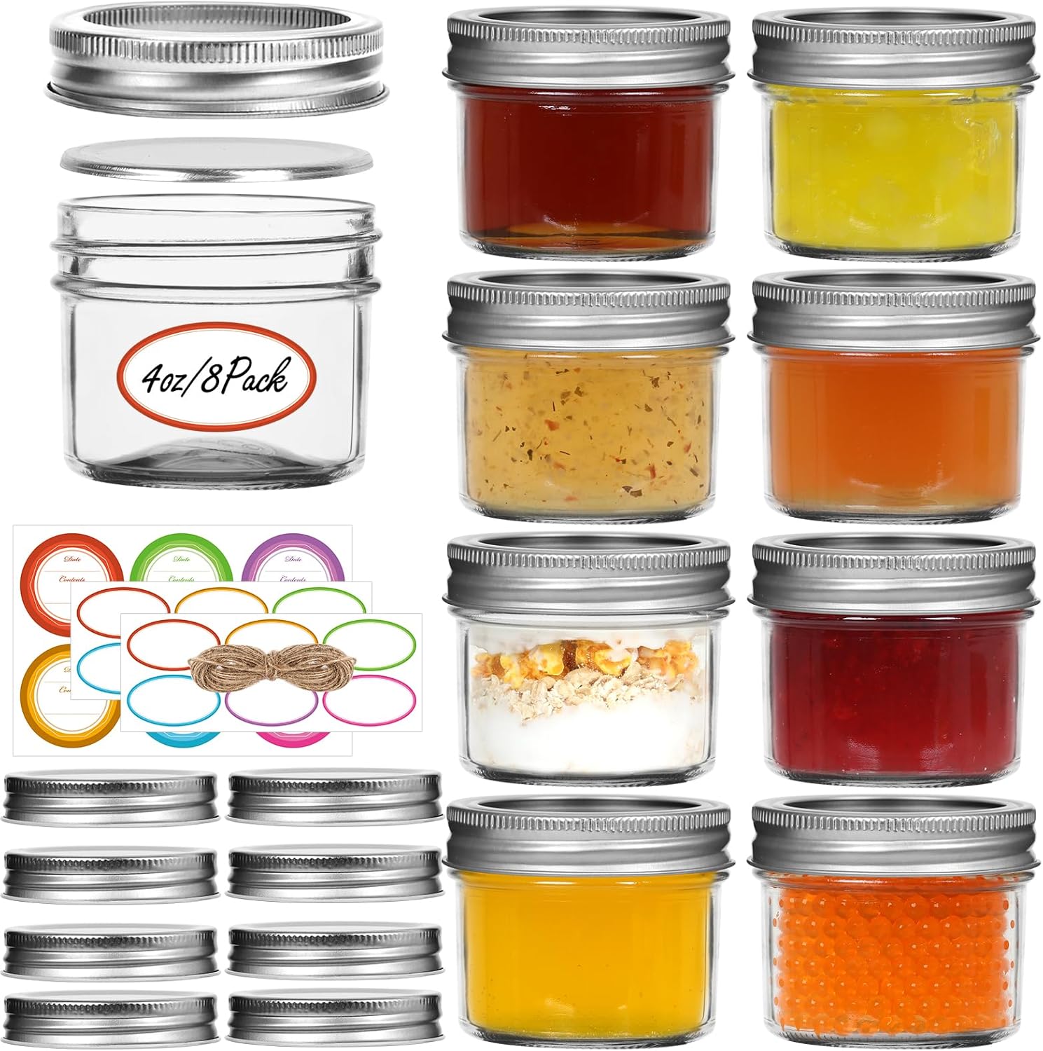 Haneye Small Mason Jars 8-Pack 4oz Glass with Regular Lids