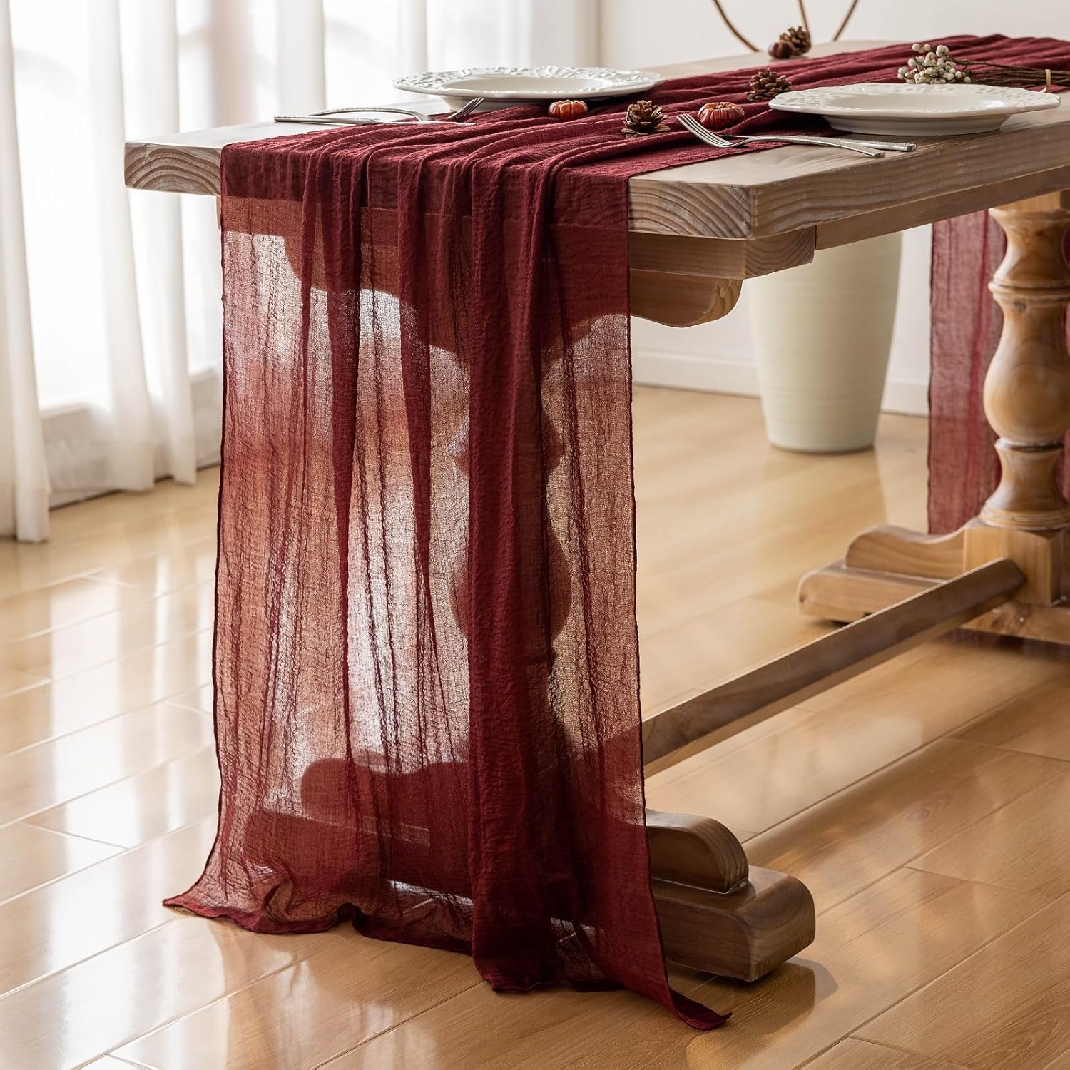 Rustic Boho Table Runner Red Cheesecloth