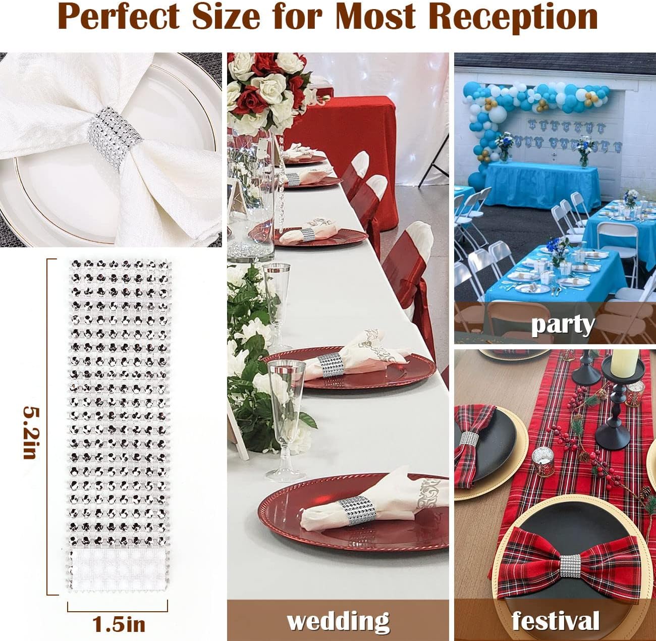 Elegant 150-Piece Silver Napkin Rings with Bling