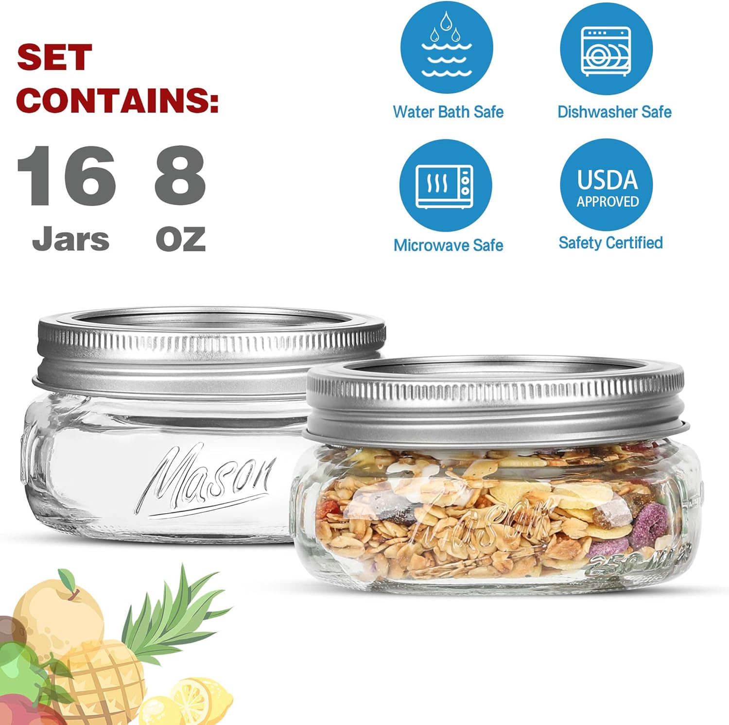 16 Pack 8 oz Wide Mouth Mason Jars with Silver Lids Bands