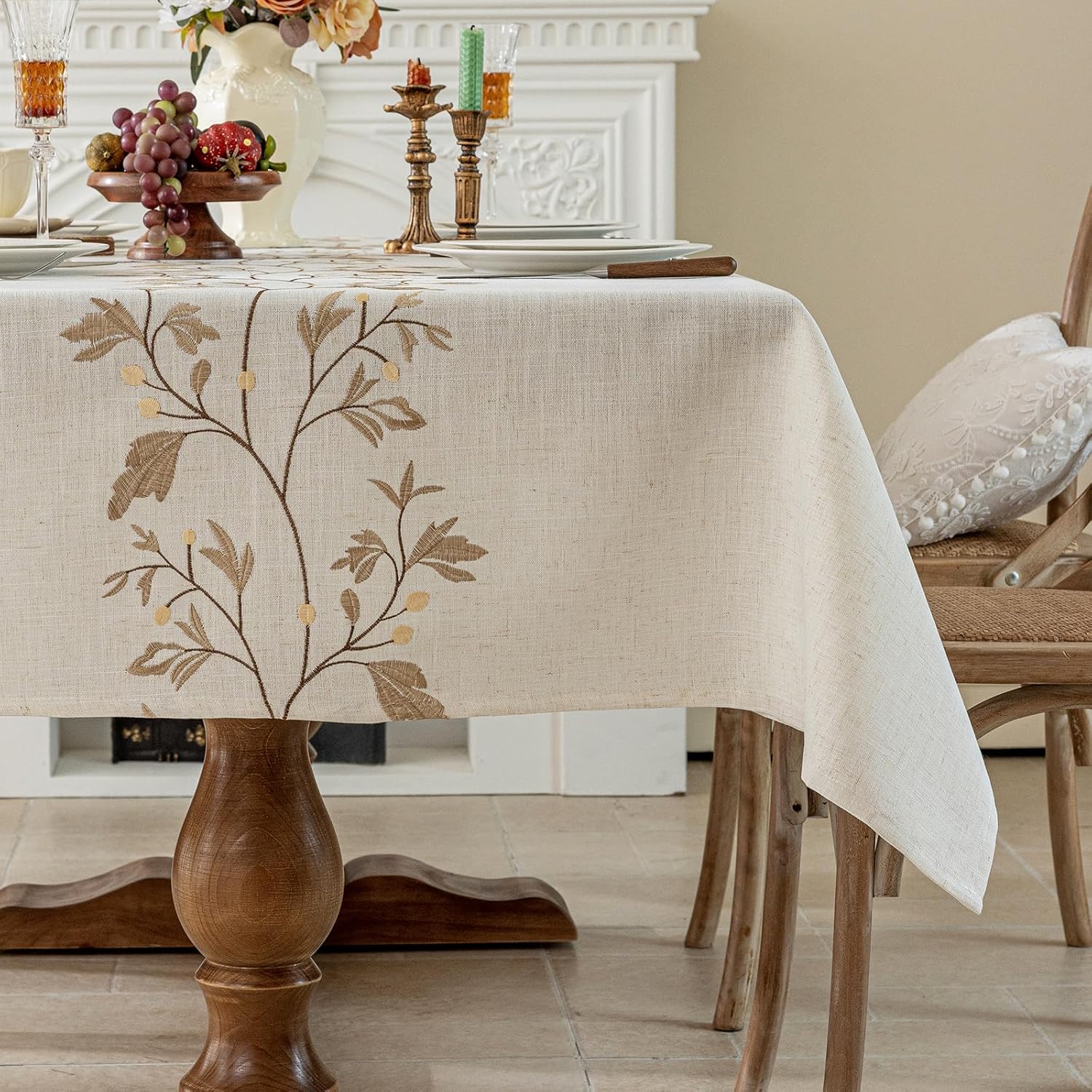 55x 120 Rustic Waterproof Linen Tablecloth - Heavy Weight Beige with Coffee Leaves Embroidery