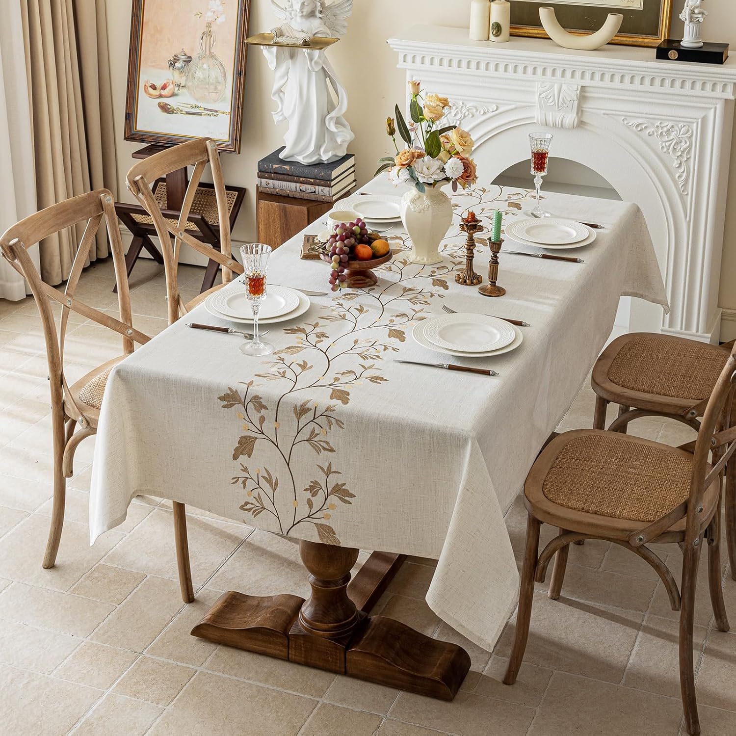 55x 120 Rustic Waterproof Linen Tablecloth - Heavy Weight Beige with Coffee Leaves Embroidery