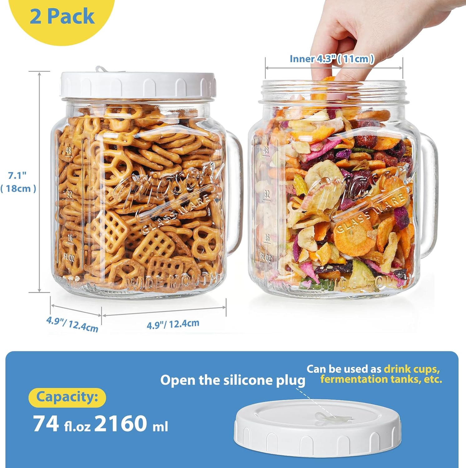 2 Pack 74 oz Glass Mason Jars with Wide Mouth