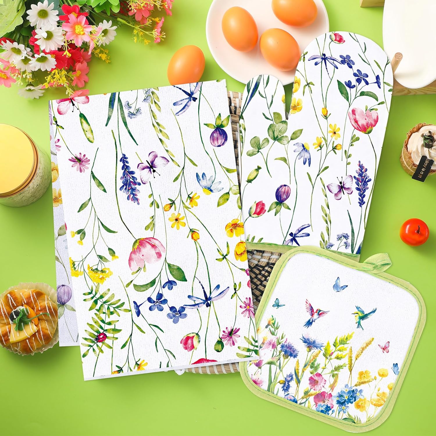 Stylish Spring Floral Kitchen Towels Pot Holders Oven Mitts Set