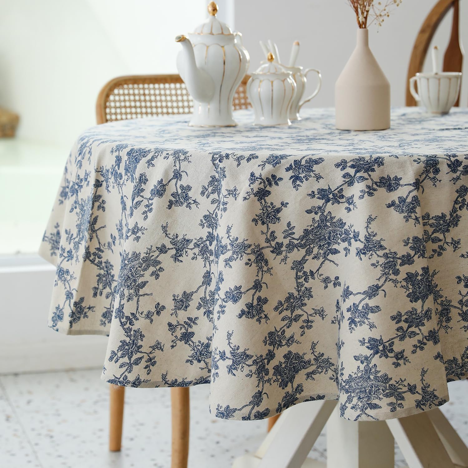 Pastoral 60-Inch Round Tablecloth Floral Linen Tablecloth Washable Dust-Proof