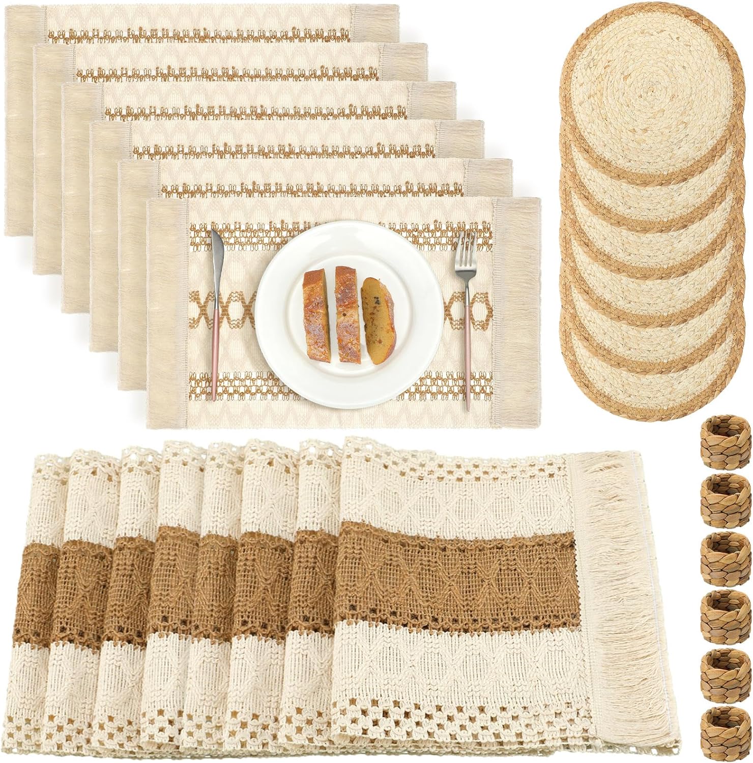 Xuhal Boho Table Runner Set - farmhouse style with tassels