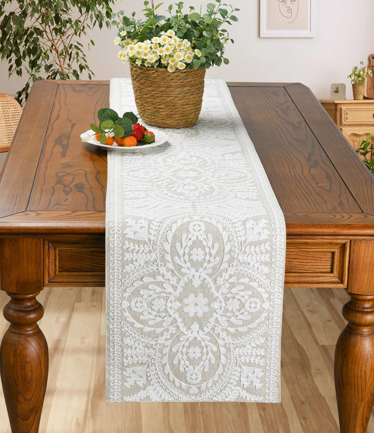 KEVA Boho Table Runner 72 inches Rustic Farmhouse Linen with Embroidered Design