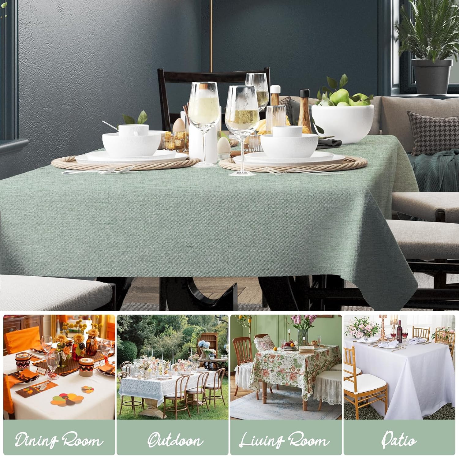 Poposa Rectangle Tablecloth Sage Green Water Resistant Stain-Resistant 52x70