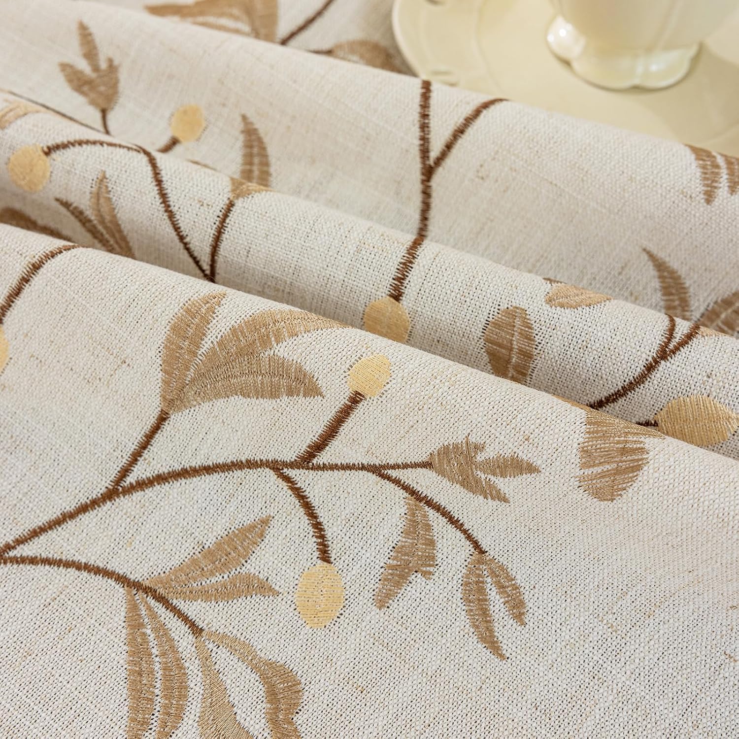 55x 120 Rustic Waterproof Linen Tablecloth - Heavy Weight Beige with Coffee Leaves Embroidery