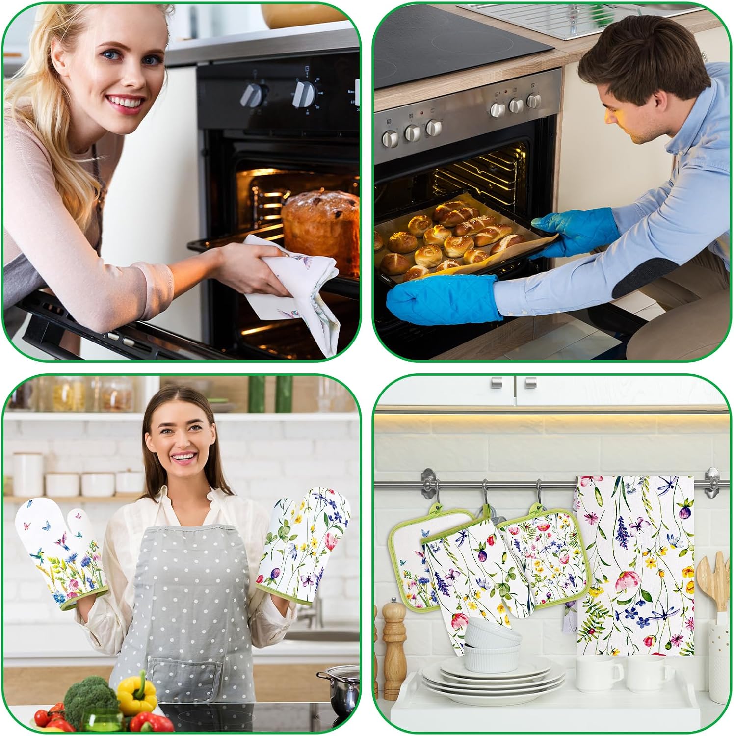 Stylish Spring Floral Kitchen Towels Pot Holders Oven Mitts Set