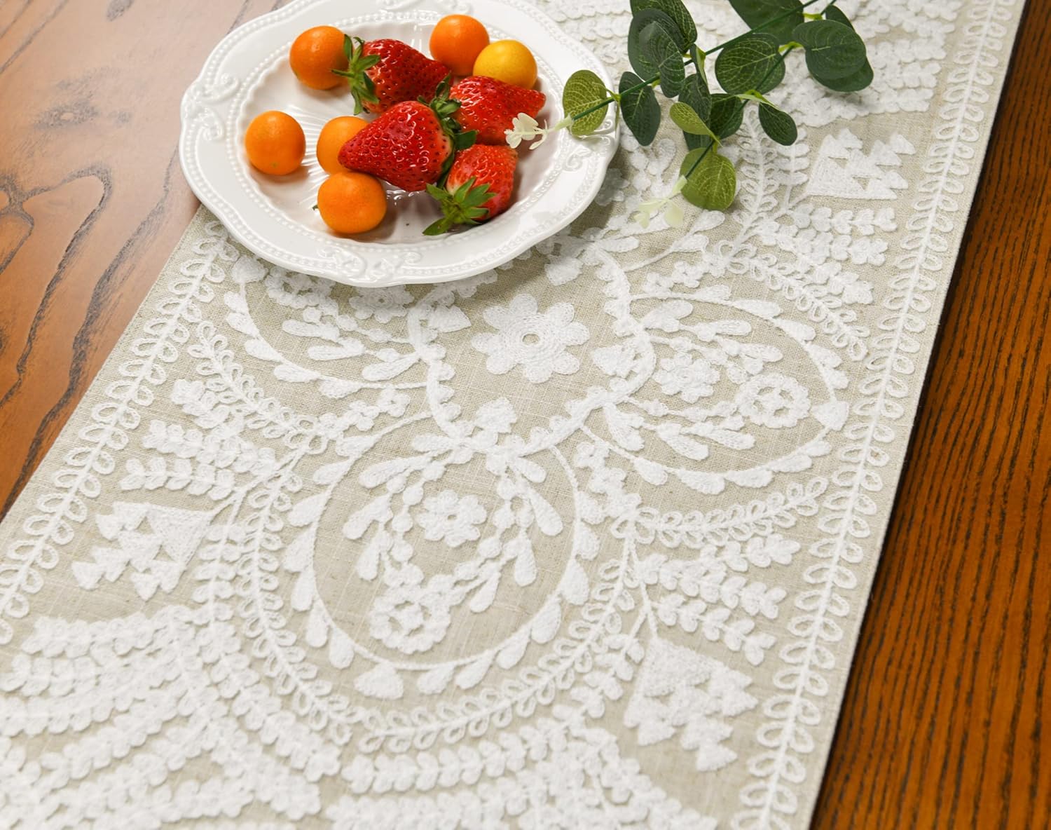 KEVA Boho Table Runner 72 inches Rustic Farmhouse Linen with Embroidered Design