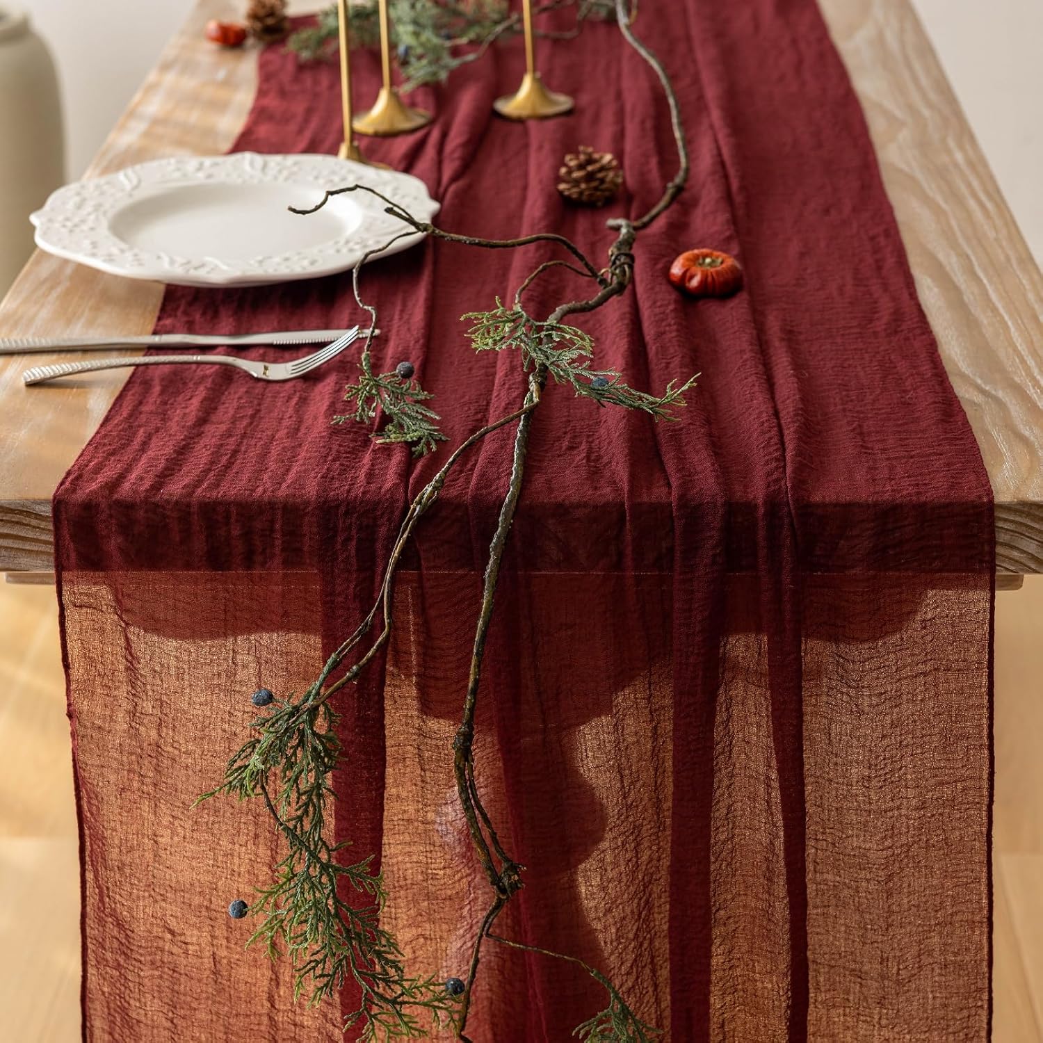 Rustic Boho Table Runner Red Cheesecloth