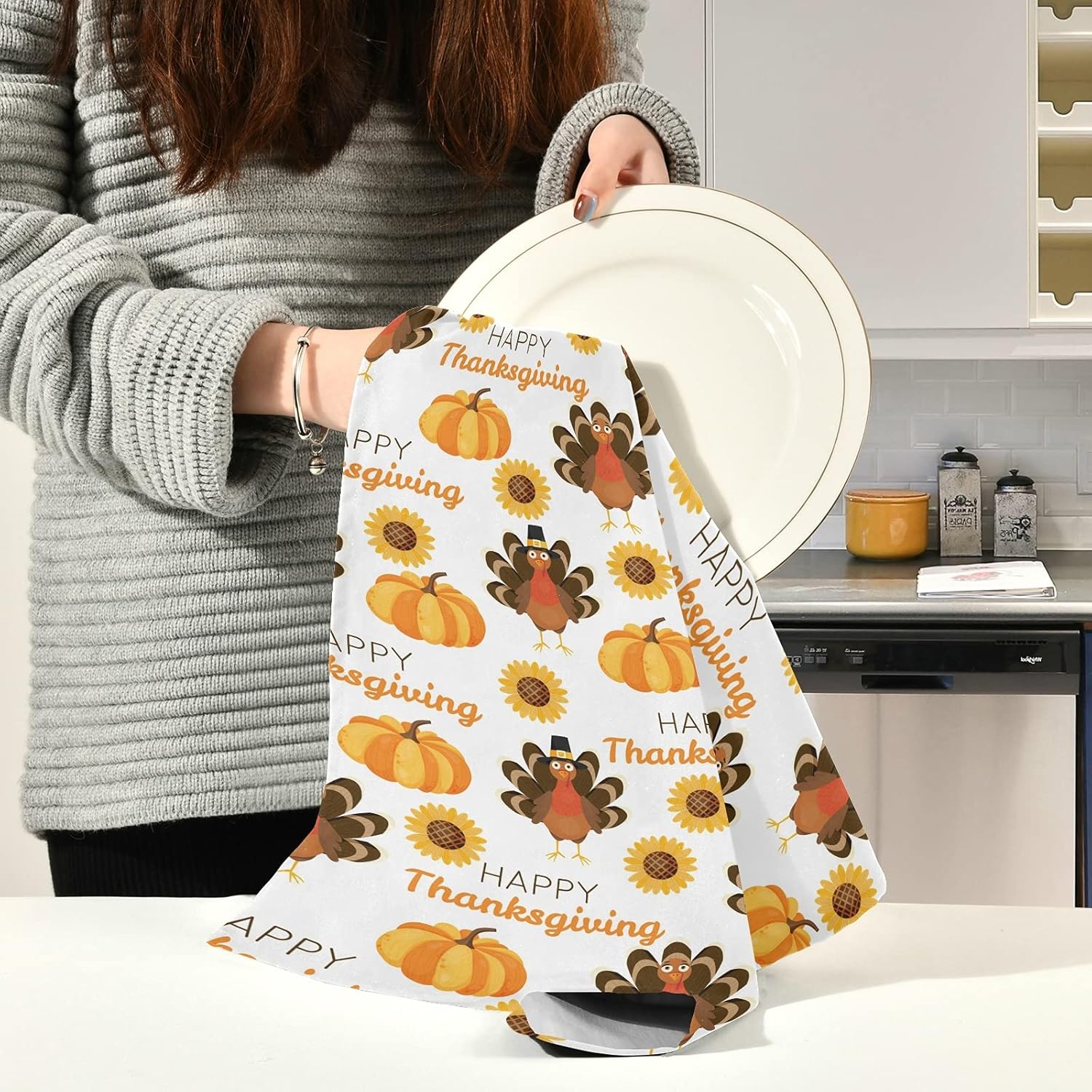 Perfect Thanksgiving Kitchen Set Soft Absorbent Turkey Sunflower Dish Towels