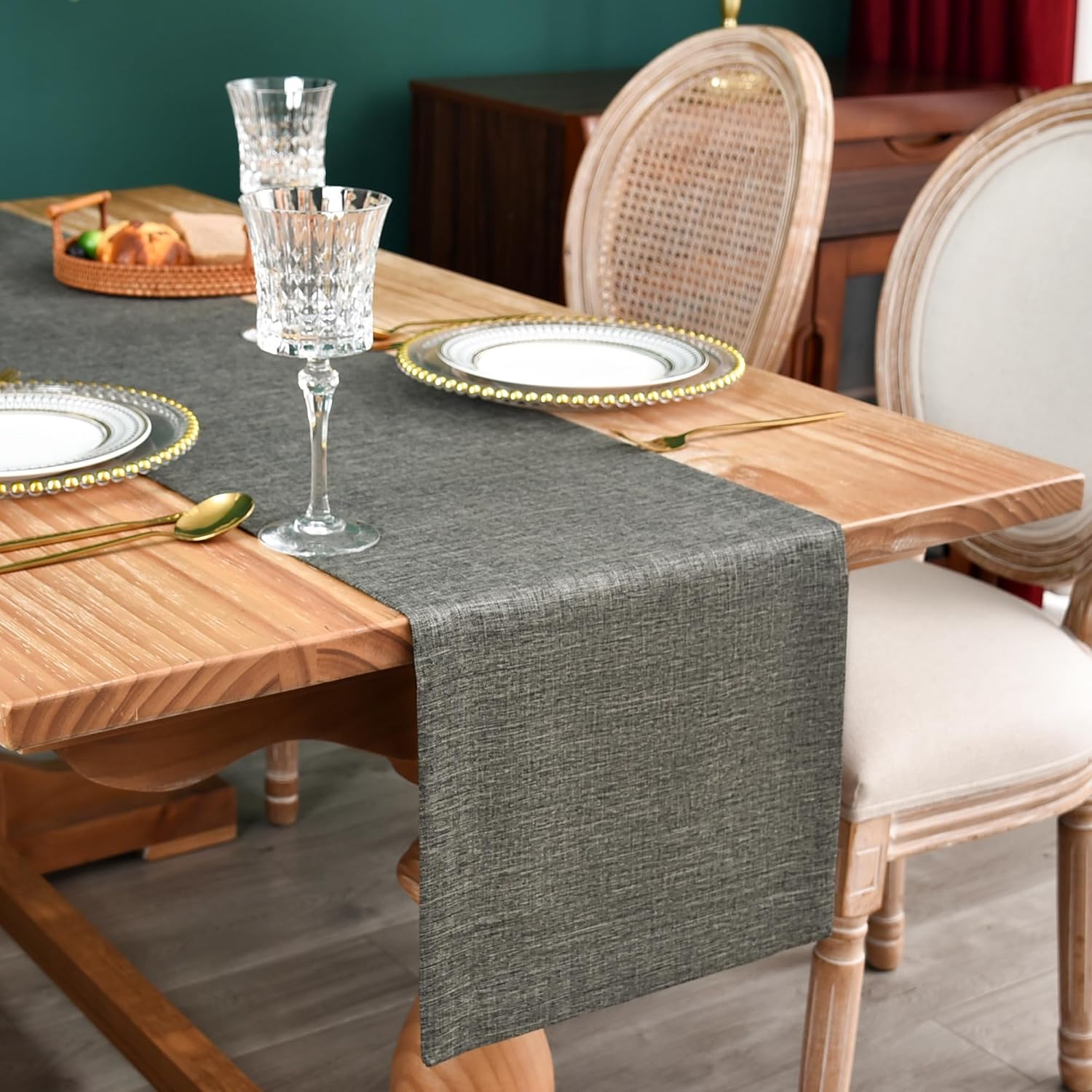 NEWISHER Farmhouse Rustic Table Runner 13x48-inch Dark Grey Faux Linen Table Runner