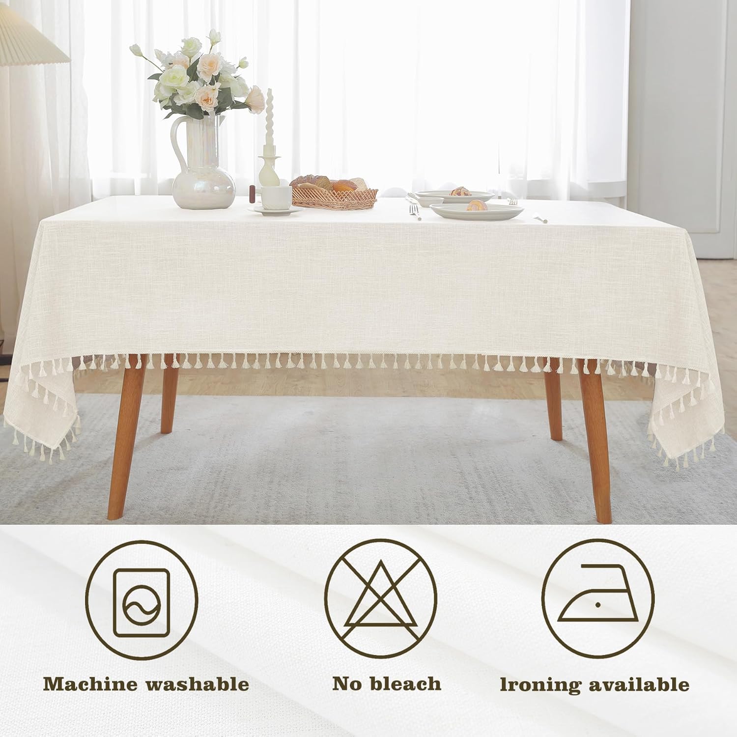 Alsoo 55x106 Tablecloth Heavy Duty Waterproof Ivory with Tassel