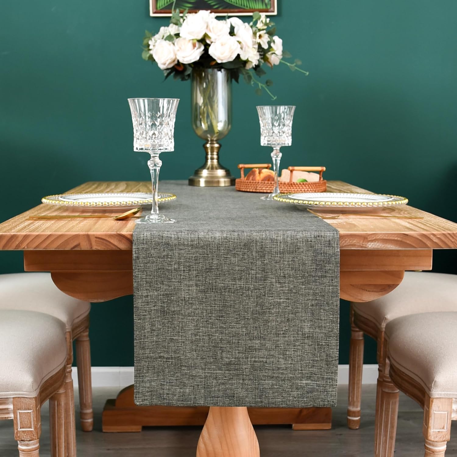 NEWISHER Farmhouse Rustic Table Runner 13x48-inch Dark Grey Faux Linen Table Runner