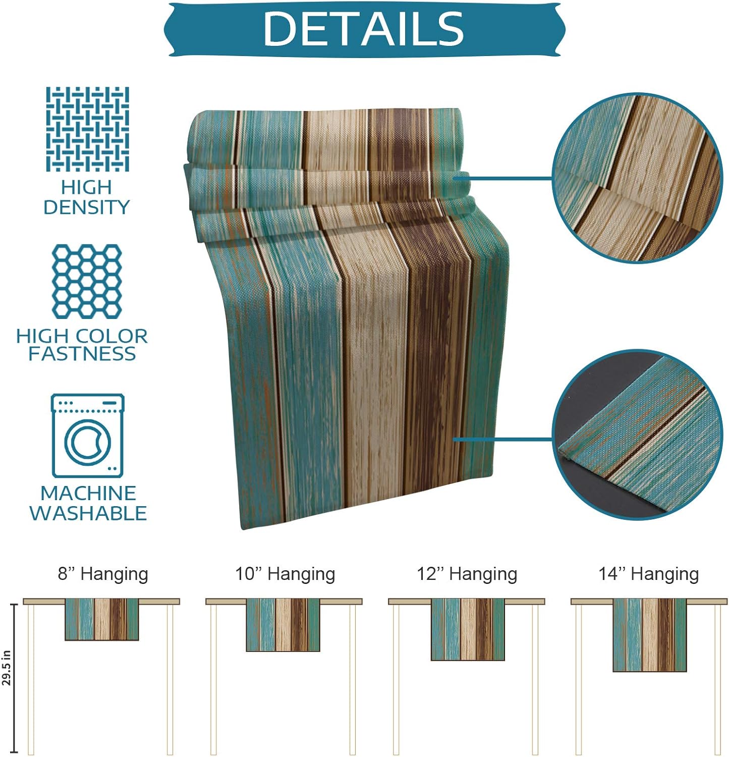 Vanderllin Table Runner Rustic Teal Turquoise 14x48 Barn-Textured Non-Slip Kitchen Use