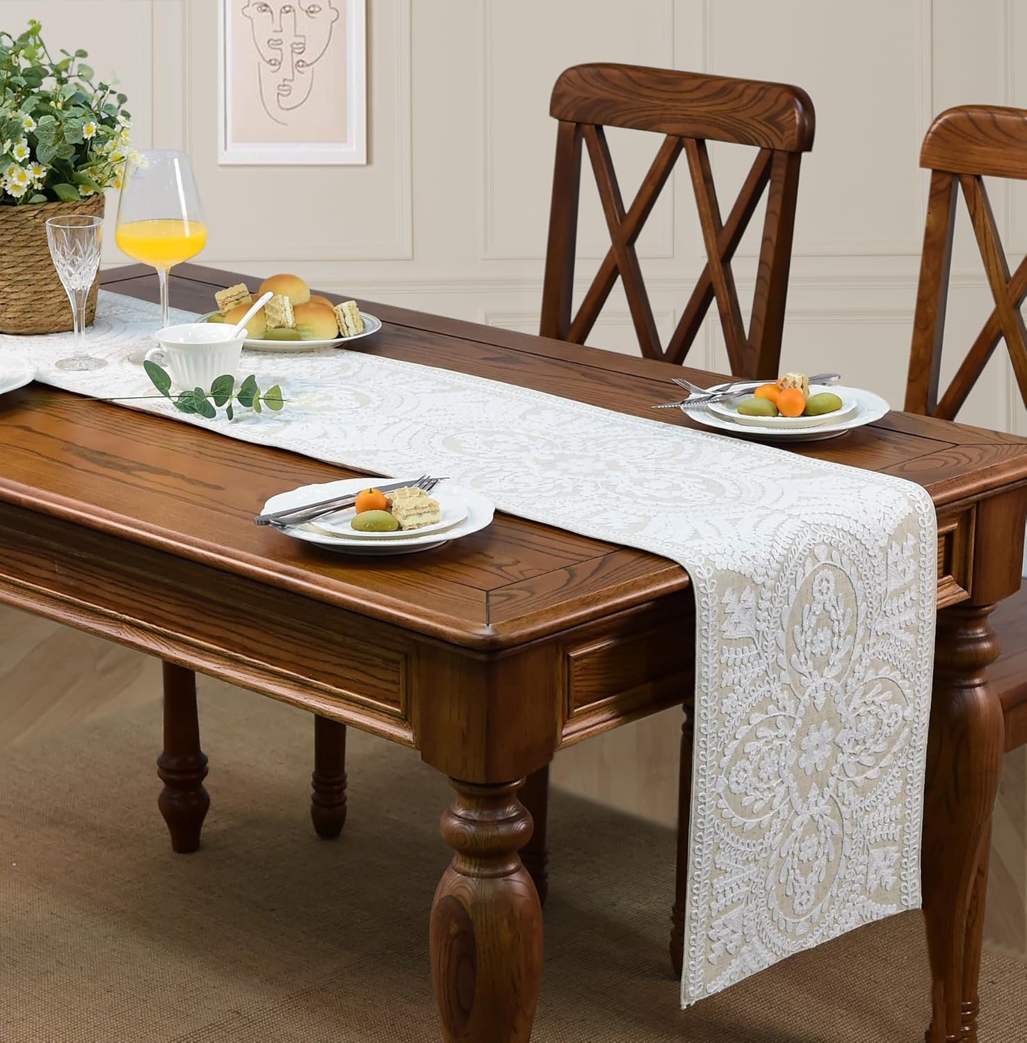 KEVA Boho Table Runner 72 inches Rustic Farmhouse Linen with Embroidered Design