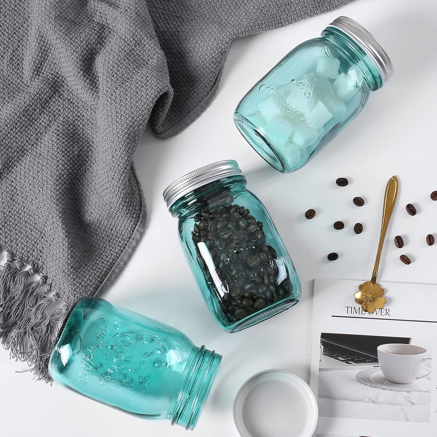 Sturdy 16 oz Teal Mason Jars with Sealed Lids