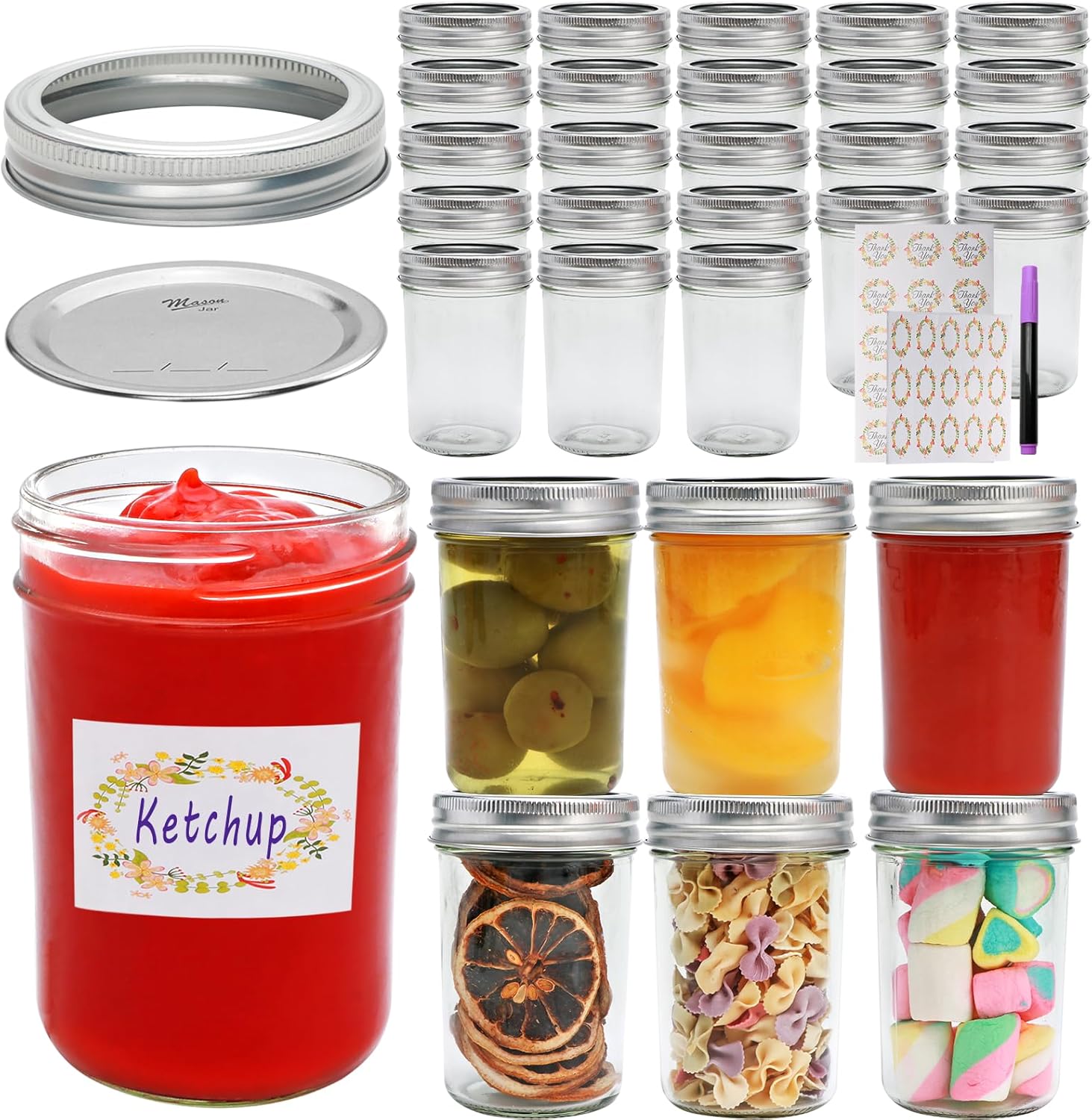 Mason Jars 8 oz Set of 30 Regular Mouth Airtight Lids BPA Free