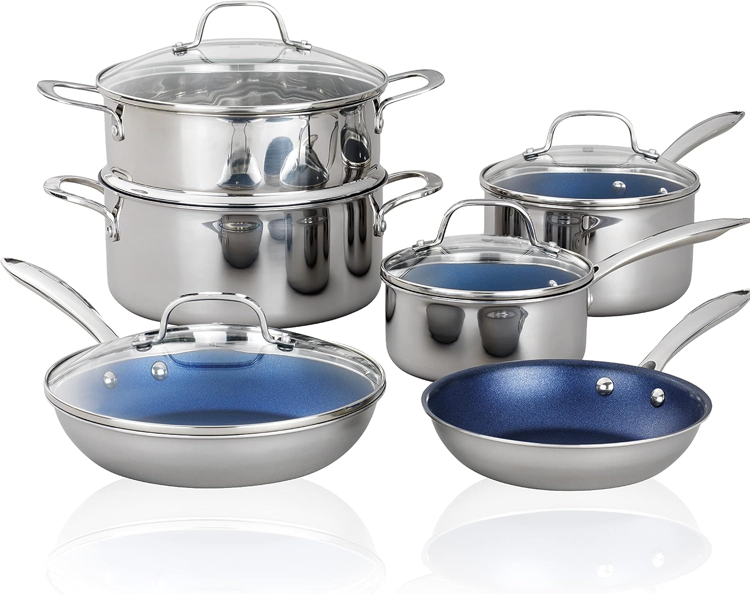 Stainless Steel Cookware Set Durable Nonstick with Tempered Glass Lids