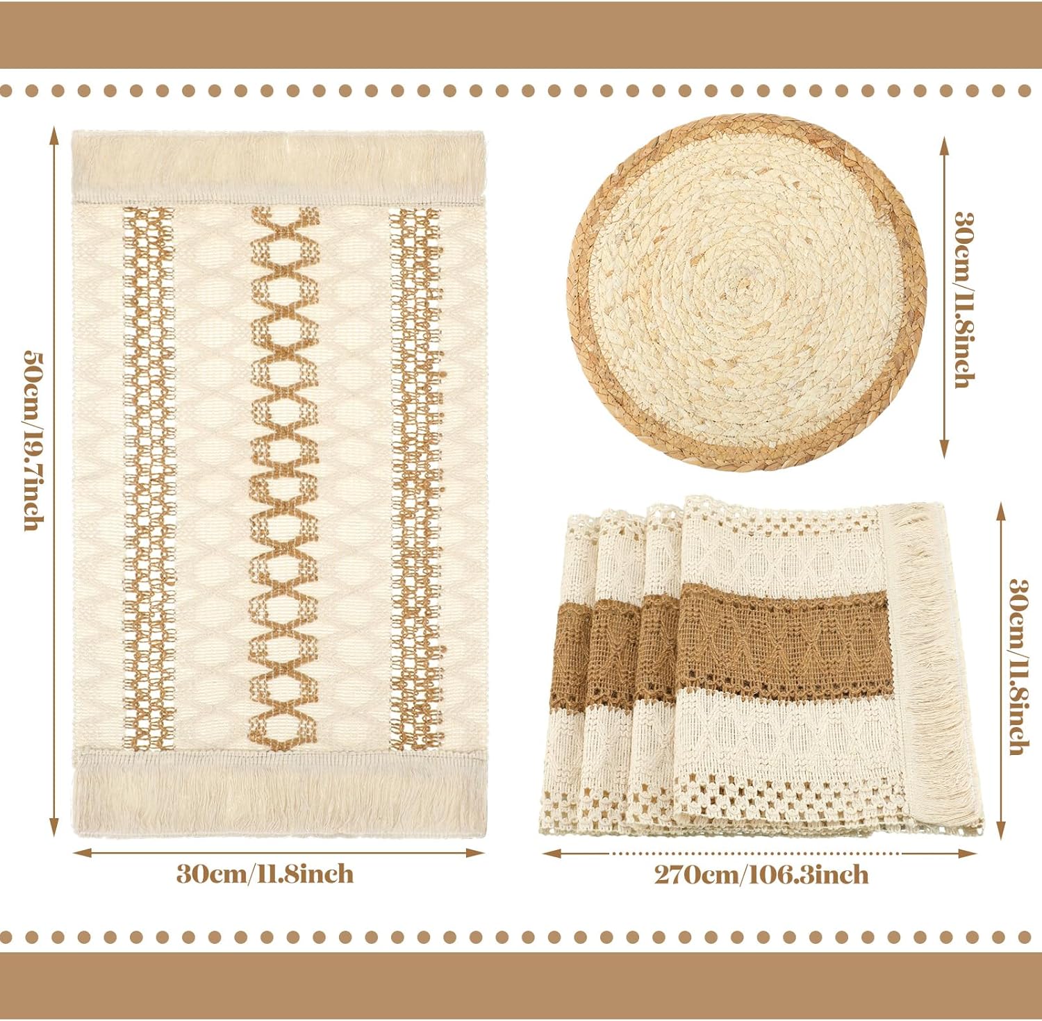 Xuhal Boho Table Runner Set - farmhouse style with tassels