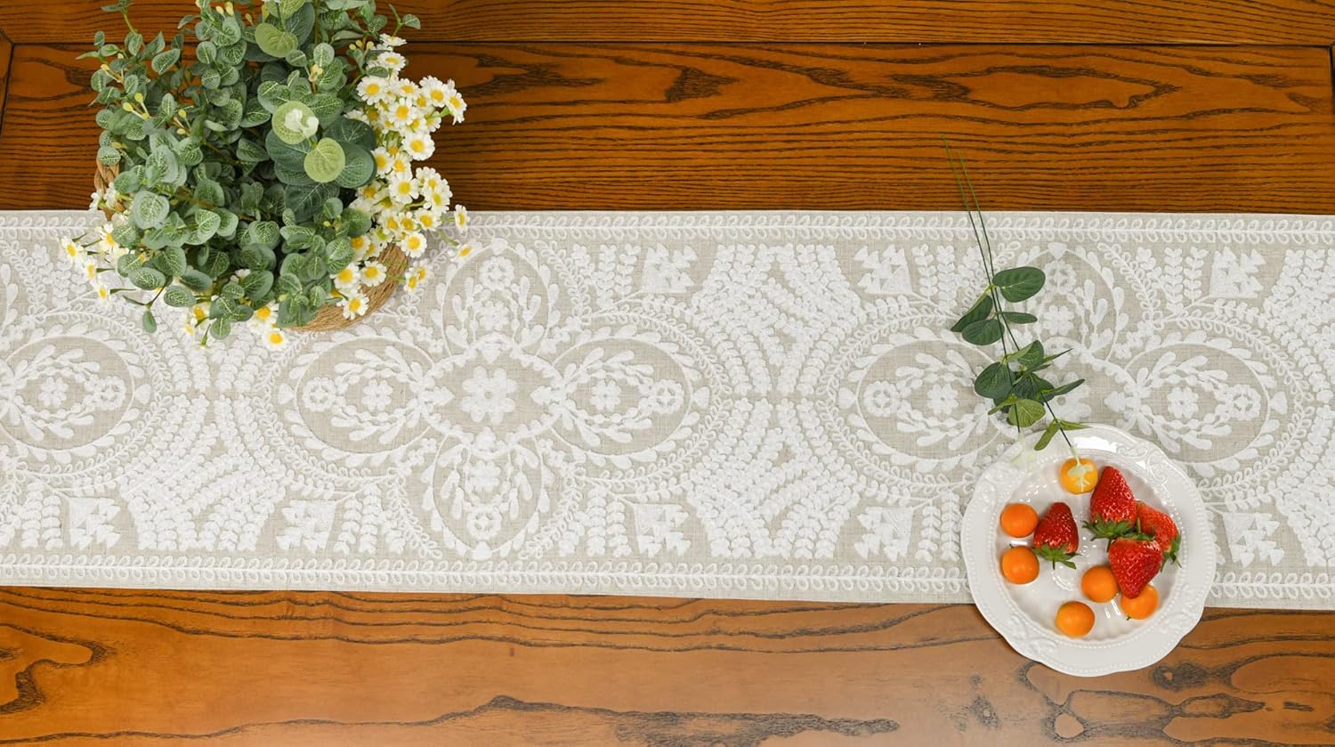 KEVA Boho Table Runner 72 inches Rustic Farmhouse Linen with Embroidered Design
