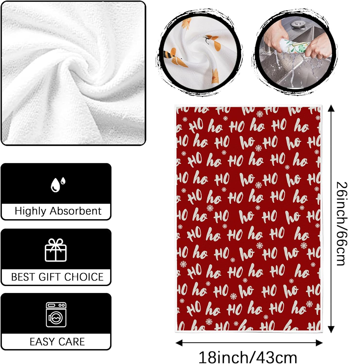Sparkling Christmas Kitchen Towels Festive Ho Ho Ho Design Machine Washable Durable