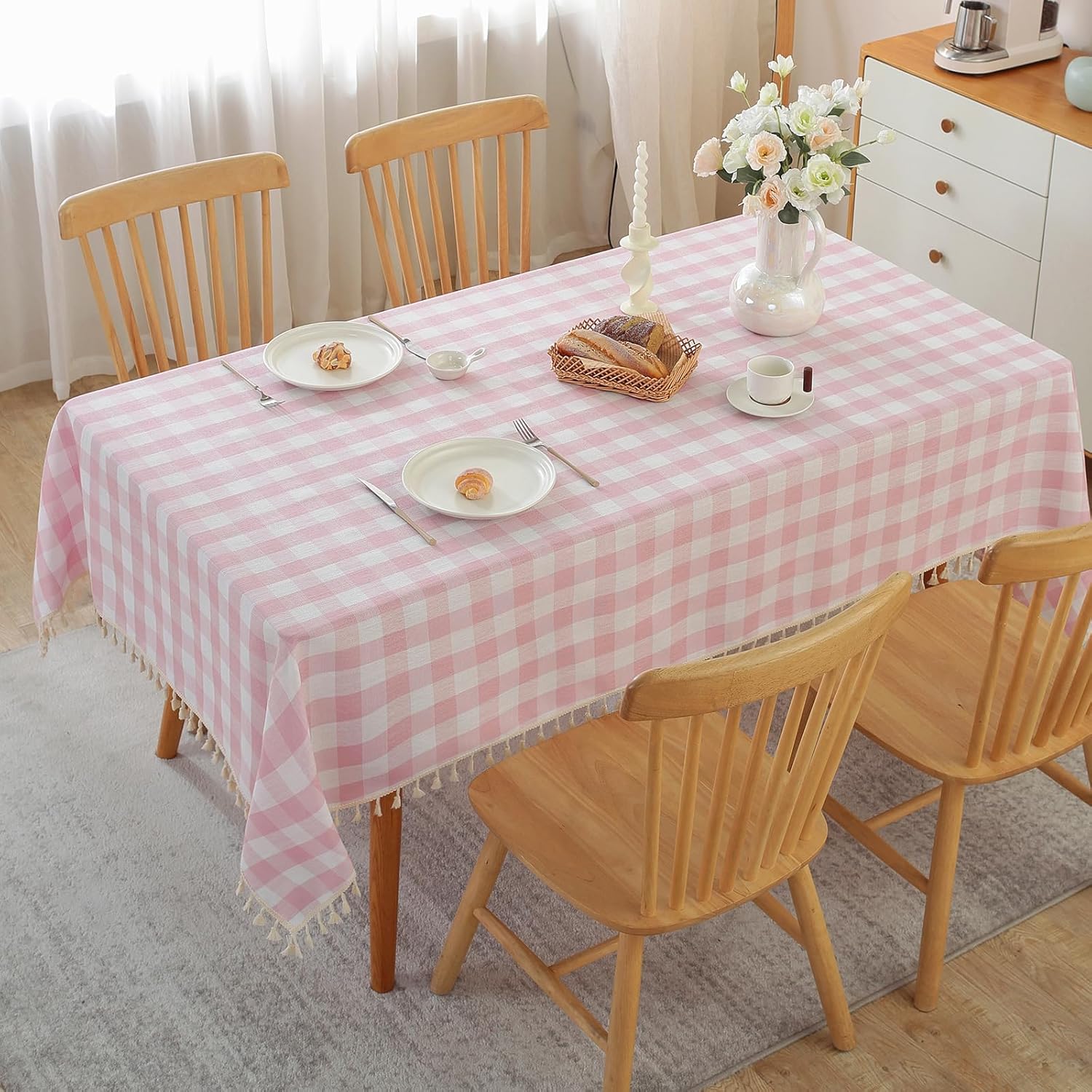 100 Cotton Checkered Tablecloth with Tassels