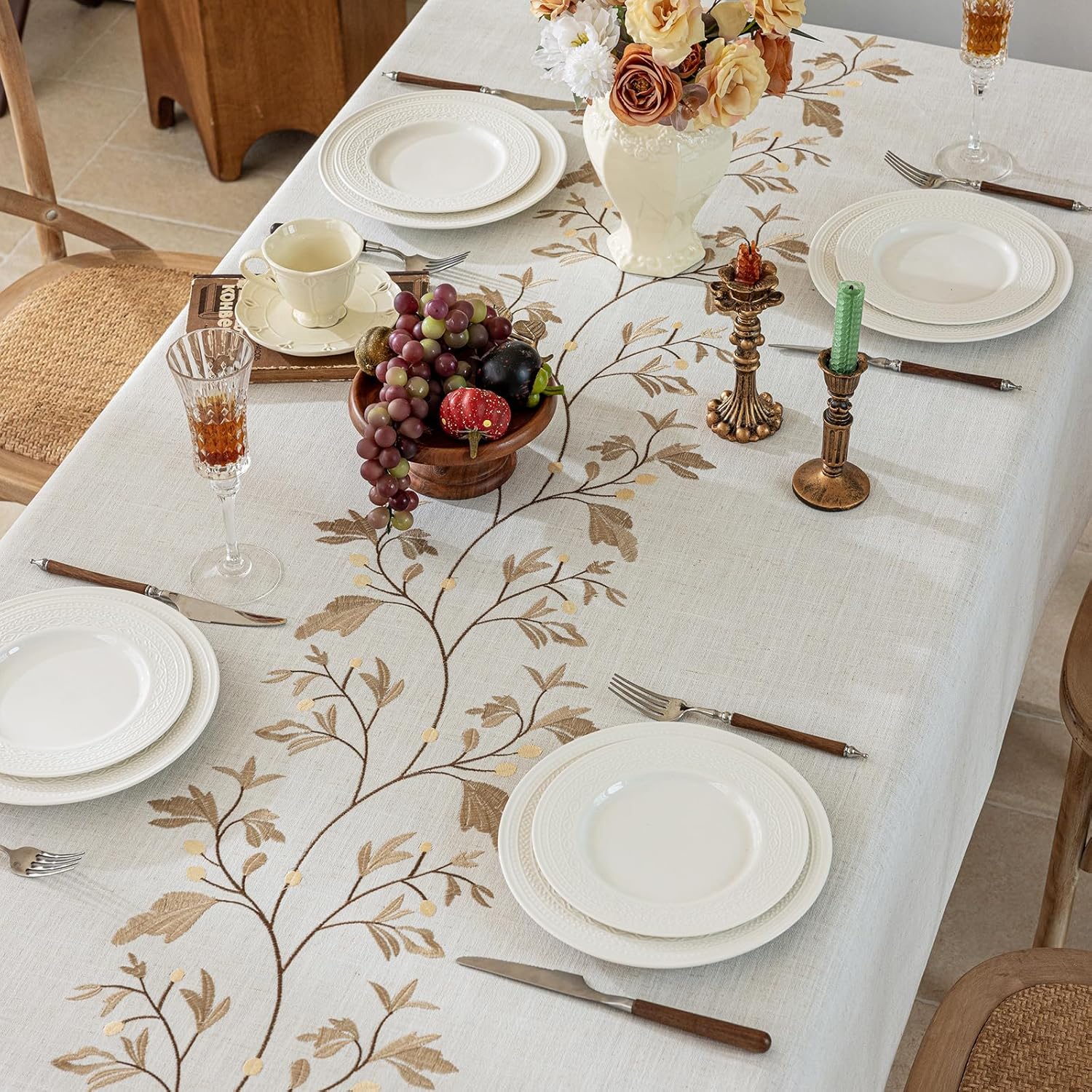55x 120 Rustic Waterproof Linen Tablecloth - Heavy Weight Beige with Coffee Leaves Embroidery