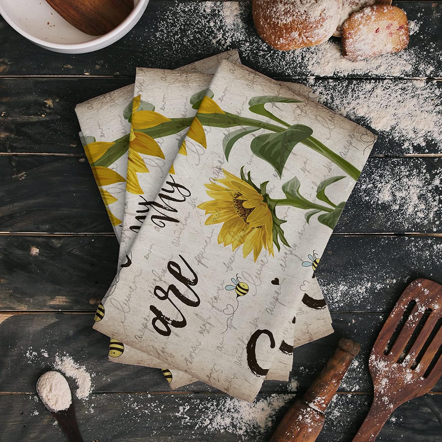 Rustic Sunflower Kitchen Towels Quilted Microfiber Durable Soft