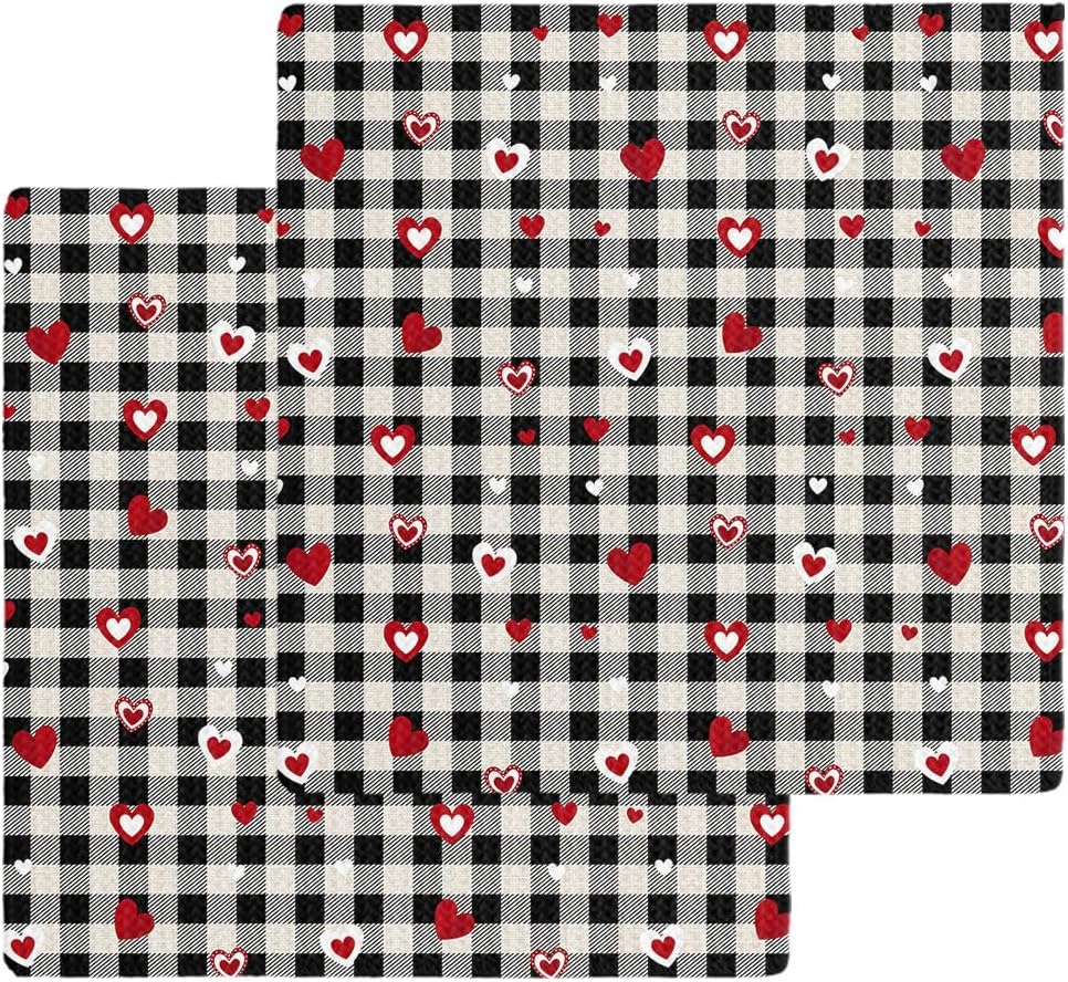 Rustic Plaid Black Waffle Kitchen Dish Towels Set of 2