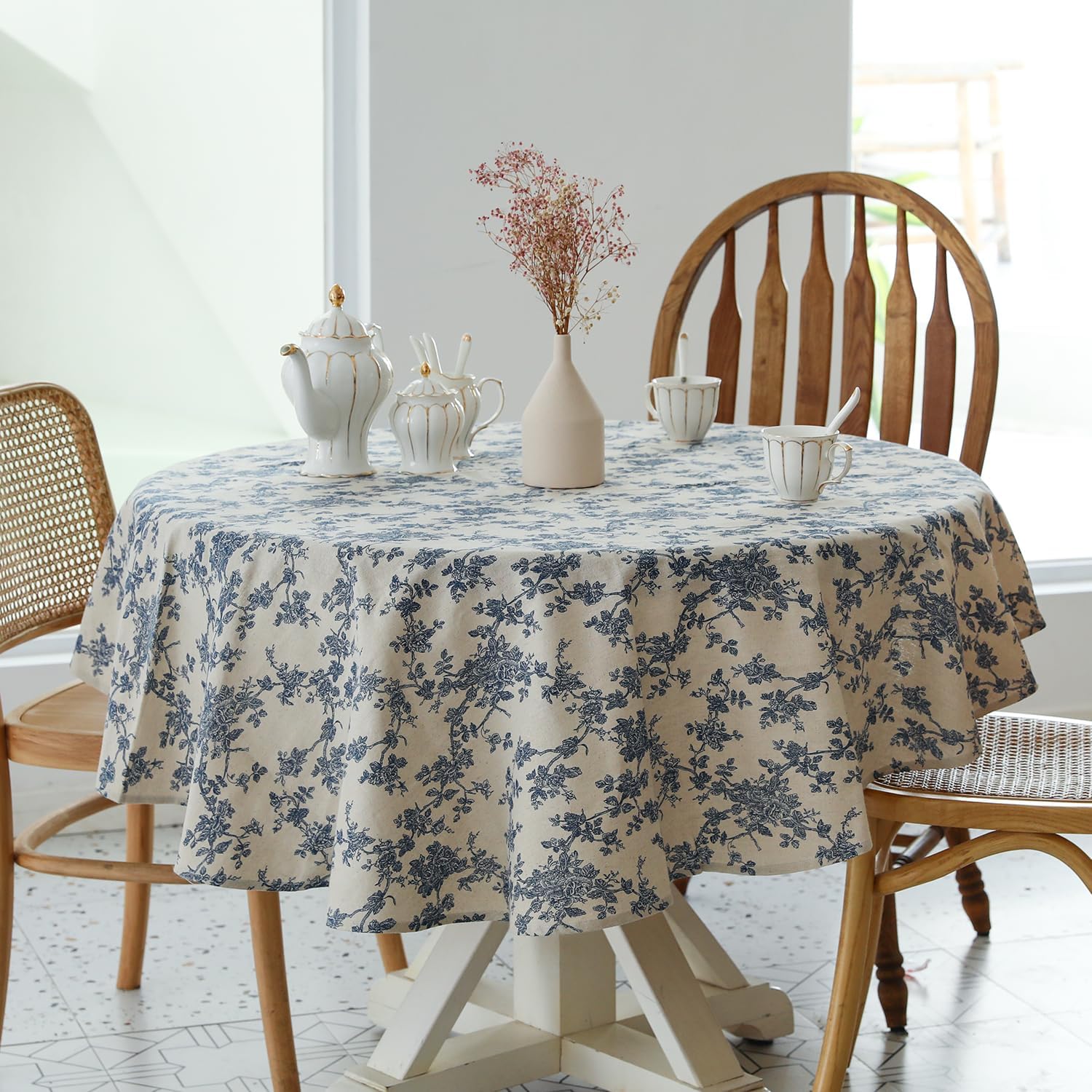 Pastoral 60-Inch Round Tablecloth Floral Linen Tablecloth Washable Dust-Proof