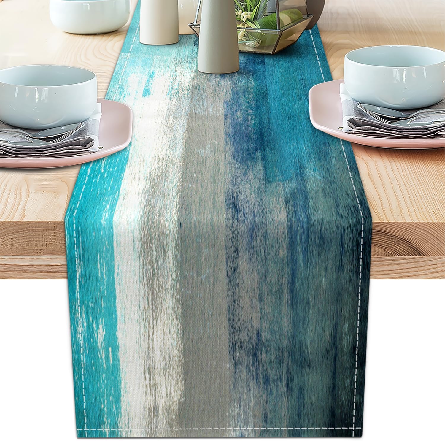 Elegant Teal Grey Table Runner for Family Diners