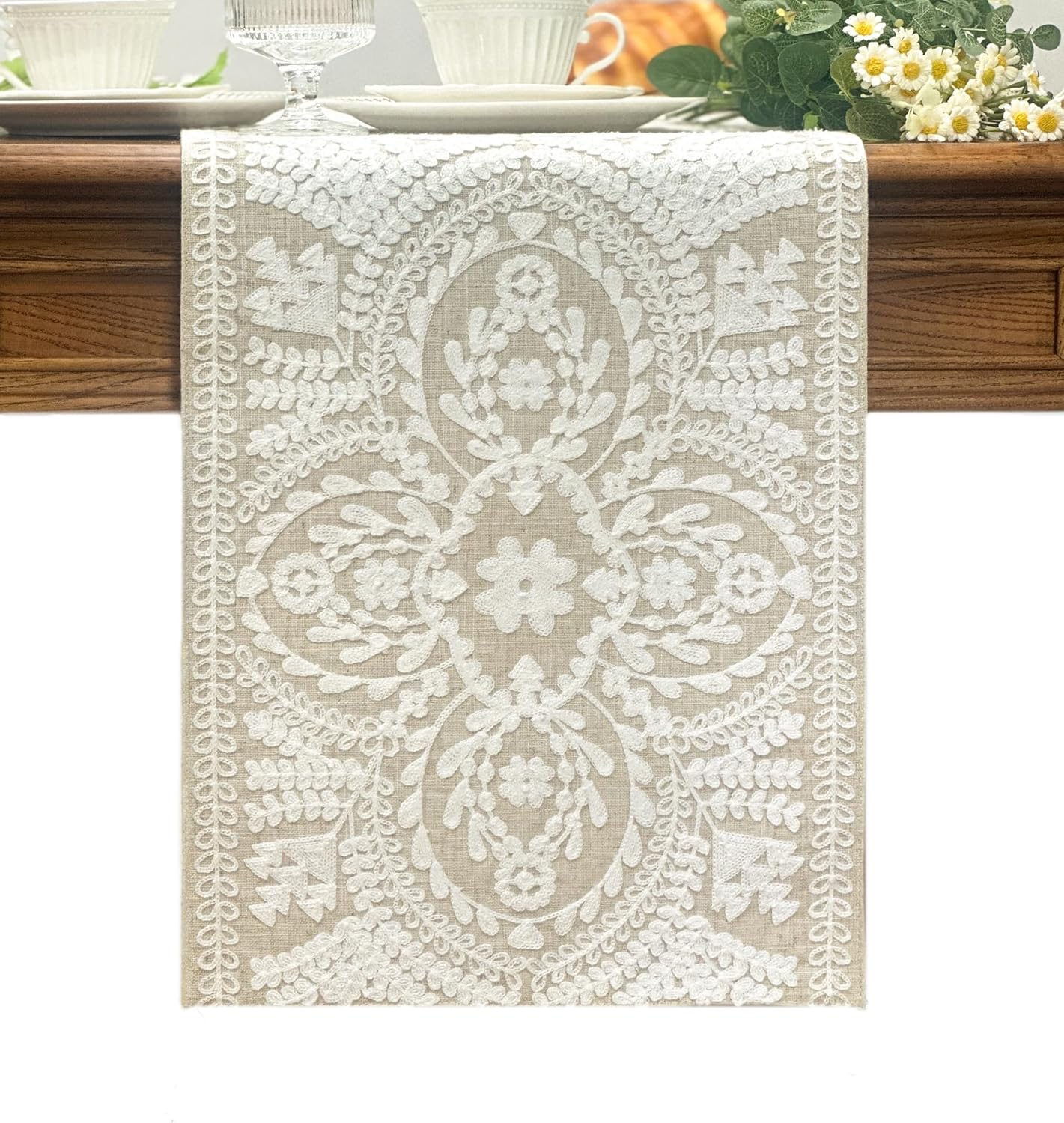 KEVA Boho Table Runner 72 inches Rustic Farmhouse Linen with Embroidered Design