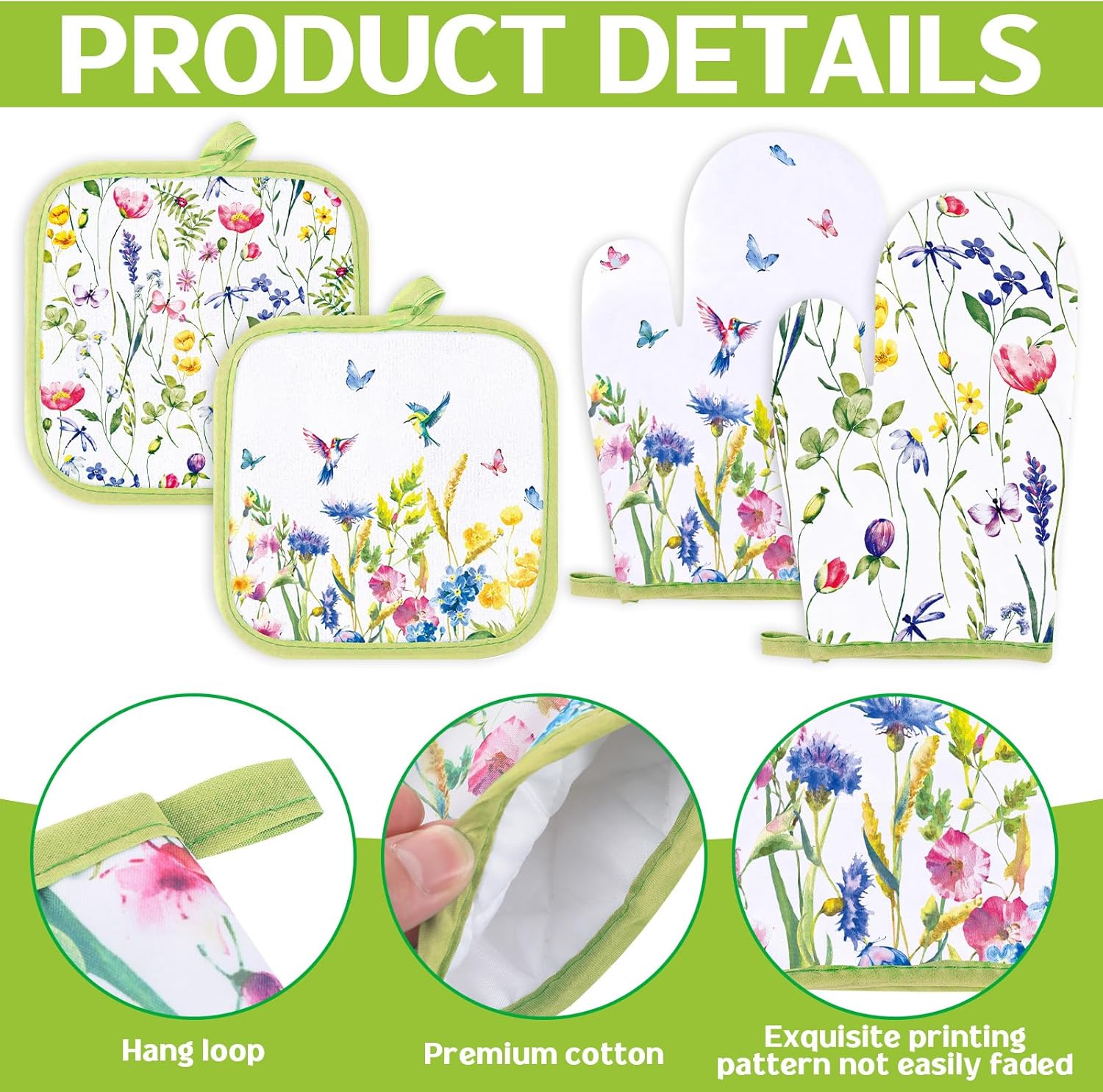 Stylish Spring Floral Kitchen Towels Pot Holders Oven Mitts Set