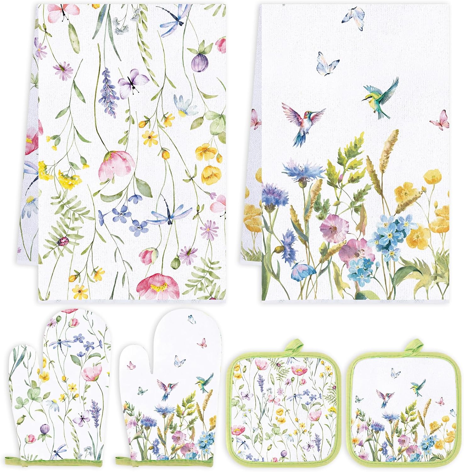 Stylish Spring Floral Kitchen Towels Pot Holders Oven Mitts Set