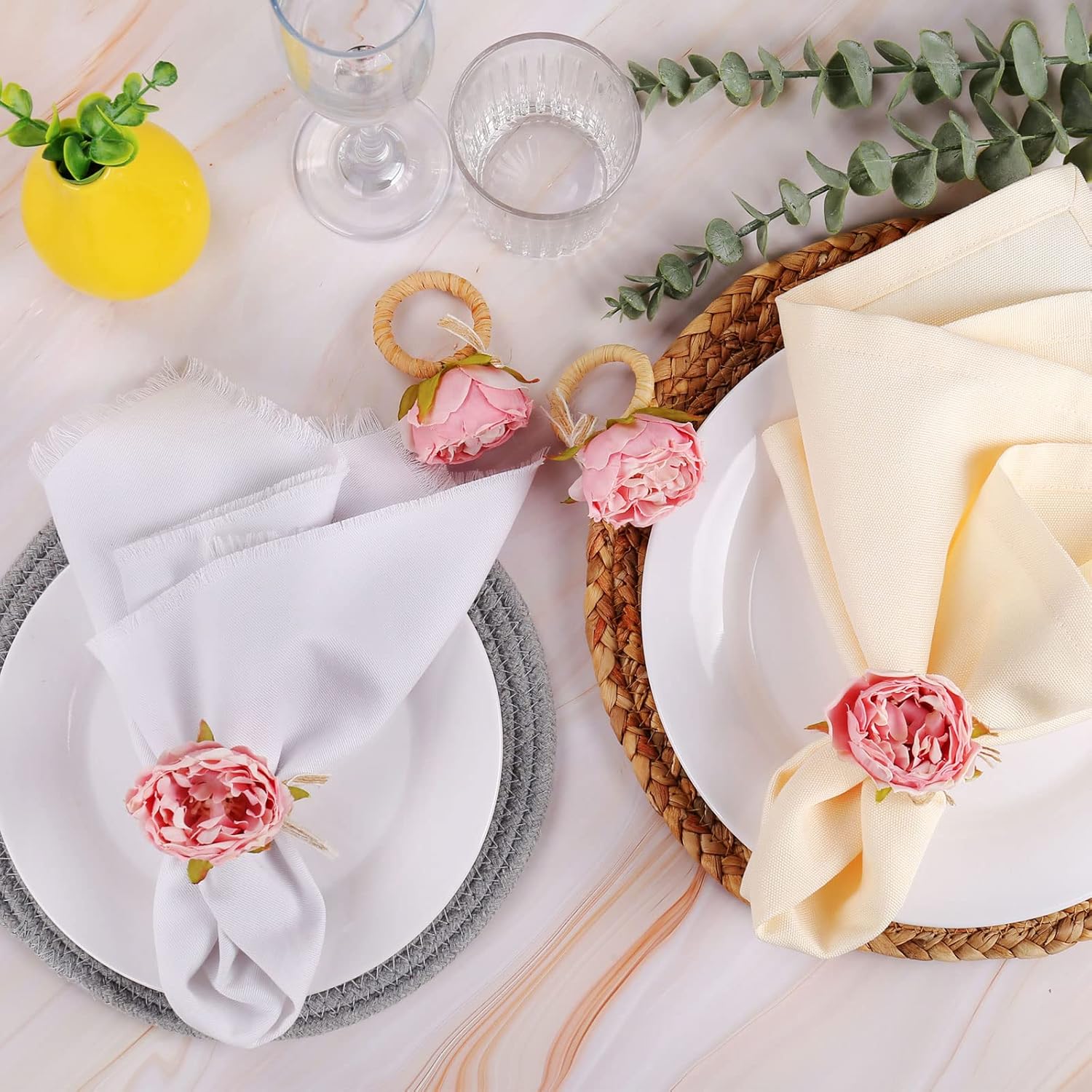 FEKIDO Handcraft Flower Napkin Rings Set of 6 Pink Peony