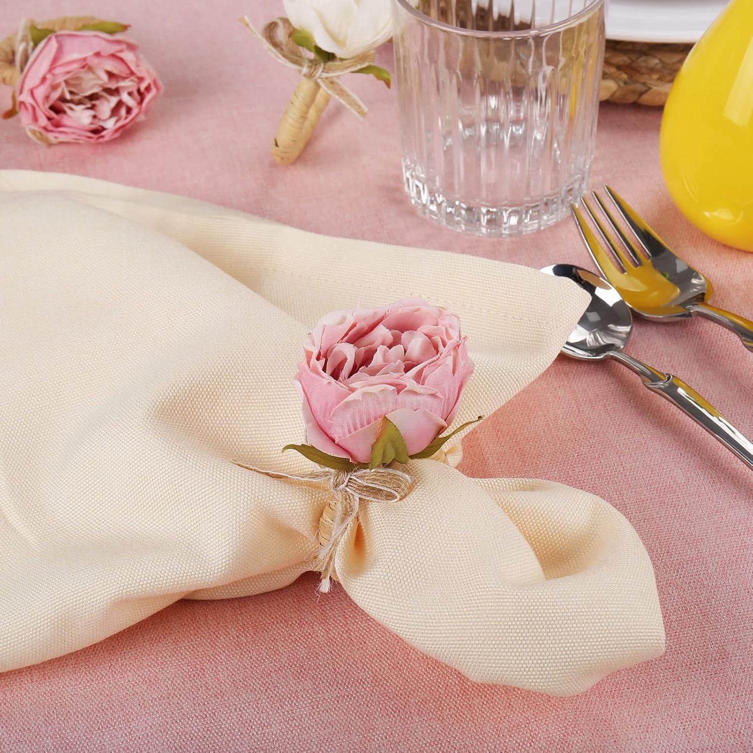 FEKIDO Handcraft Flower Napkin Rings Set of 6 Pink Peony