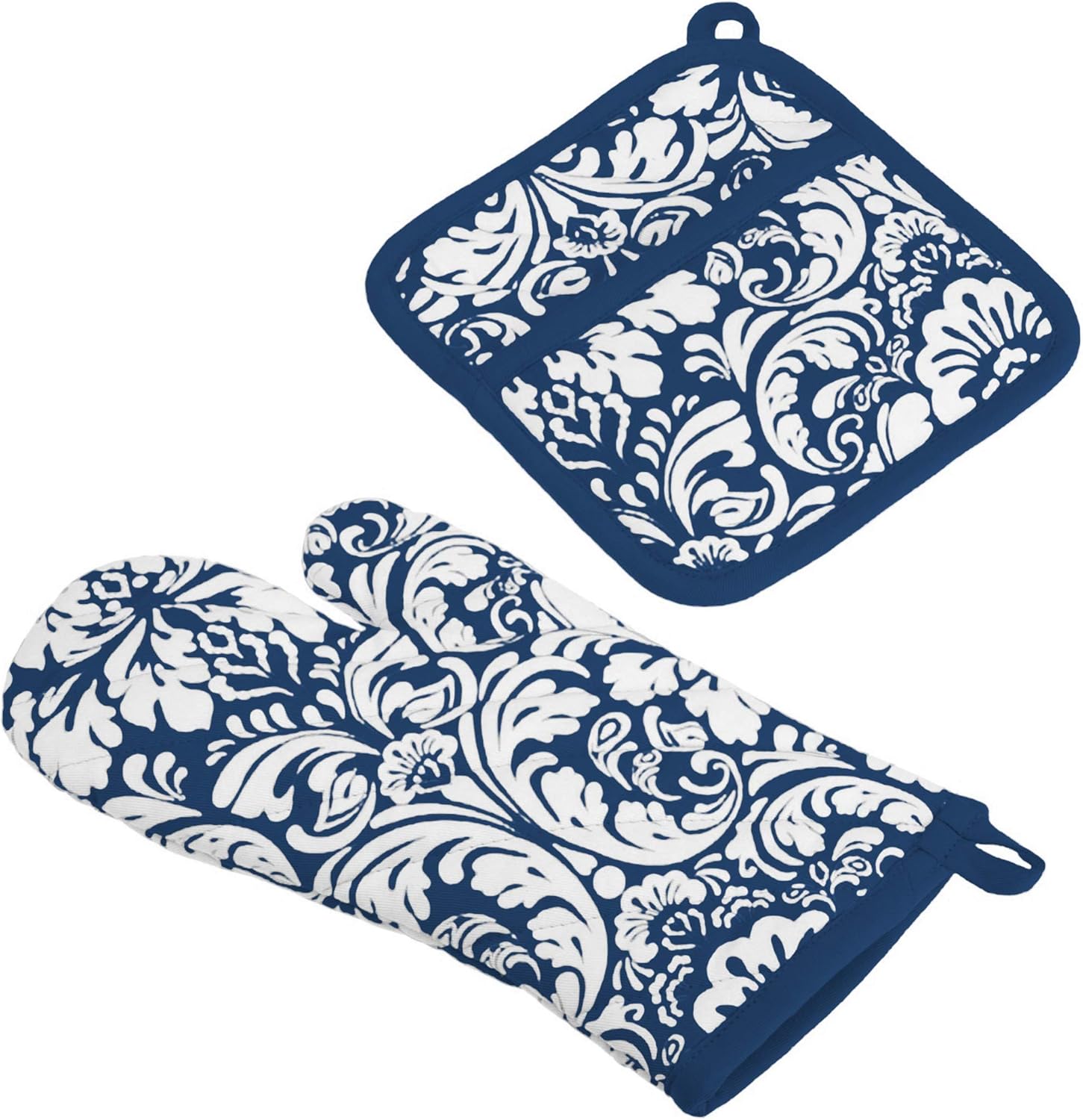 DII Quilted Kitchen Oven Mitt Potholder Set Nautical Blue Damask Print Two-Piece