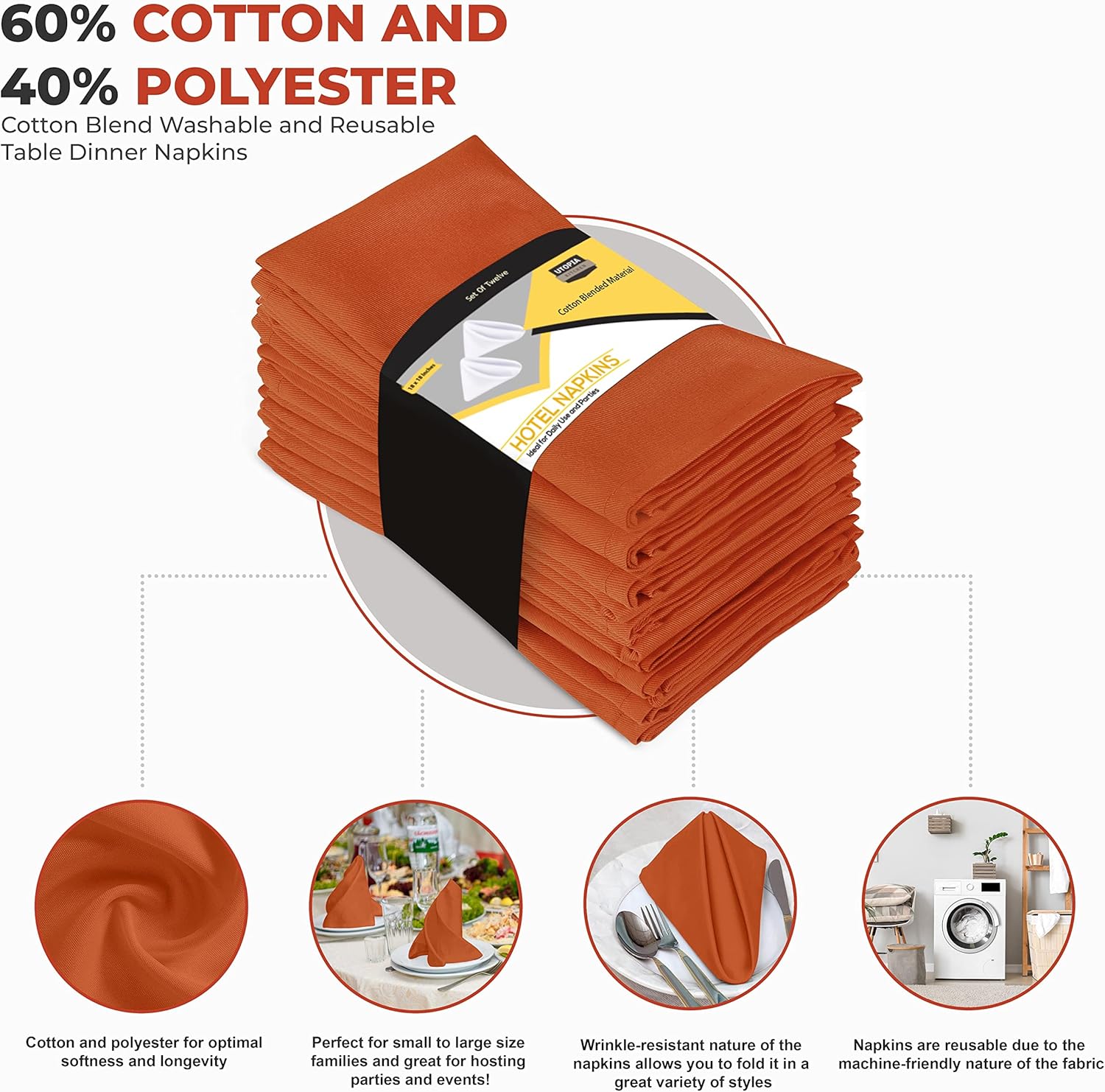 Utopia Kitchen Orange Cloth Napkins 12-Pack