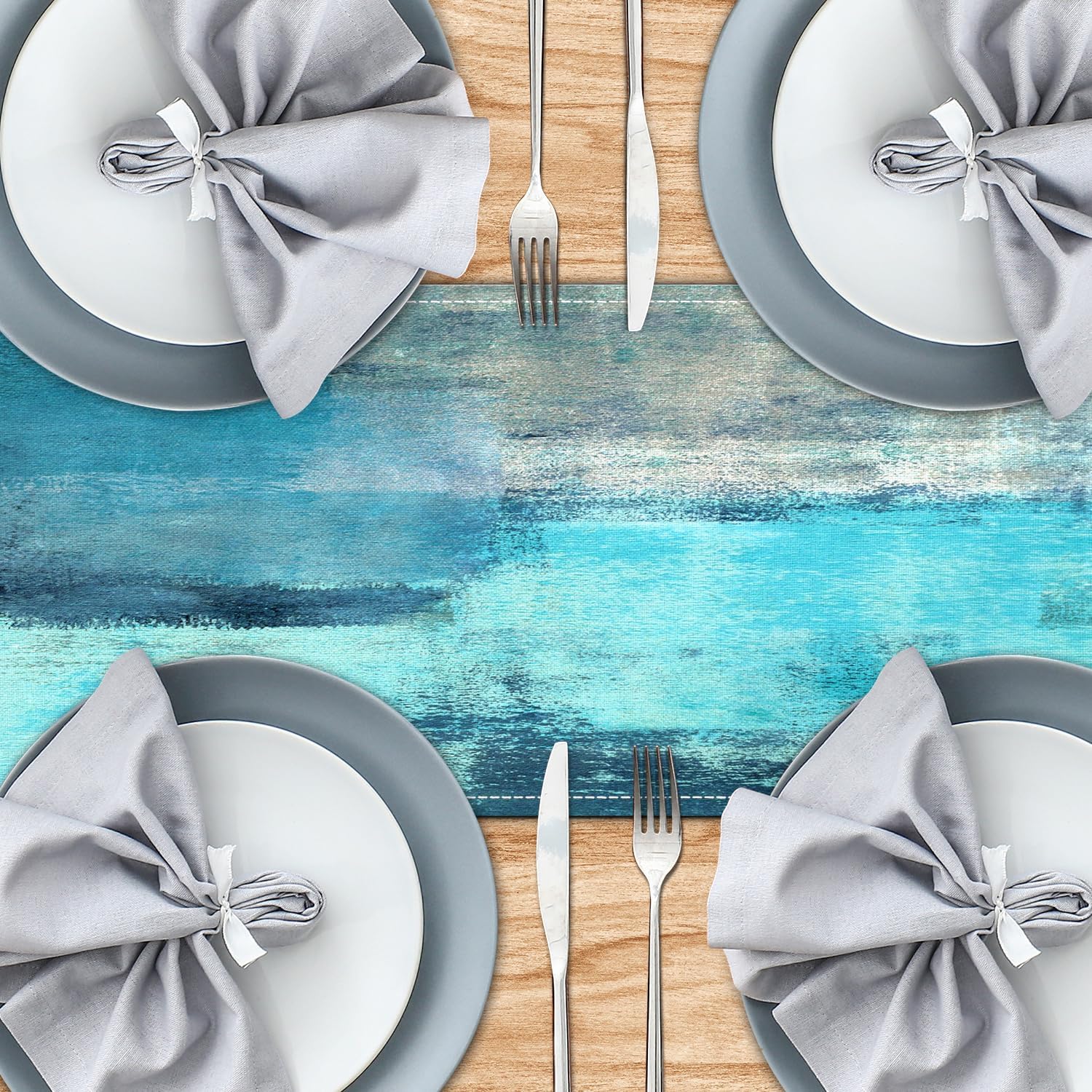Elegant Teal Grey Table Runner for Family Diners