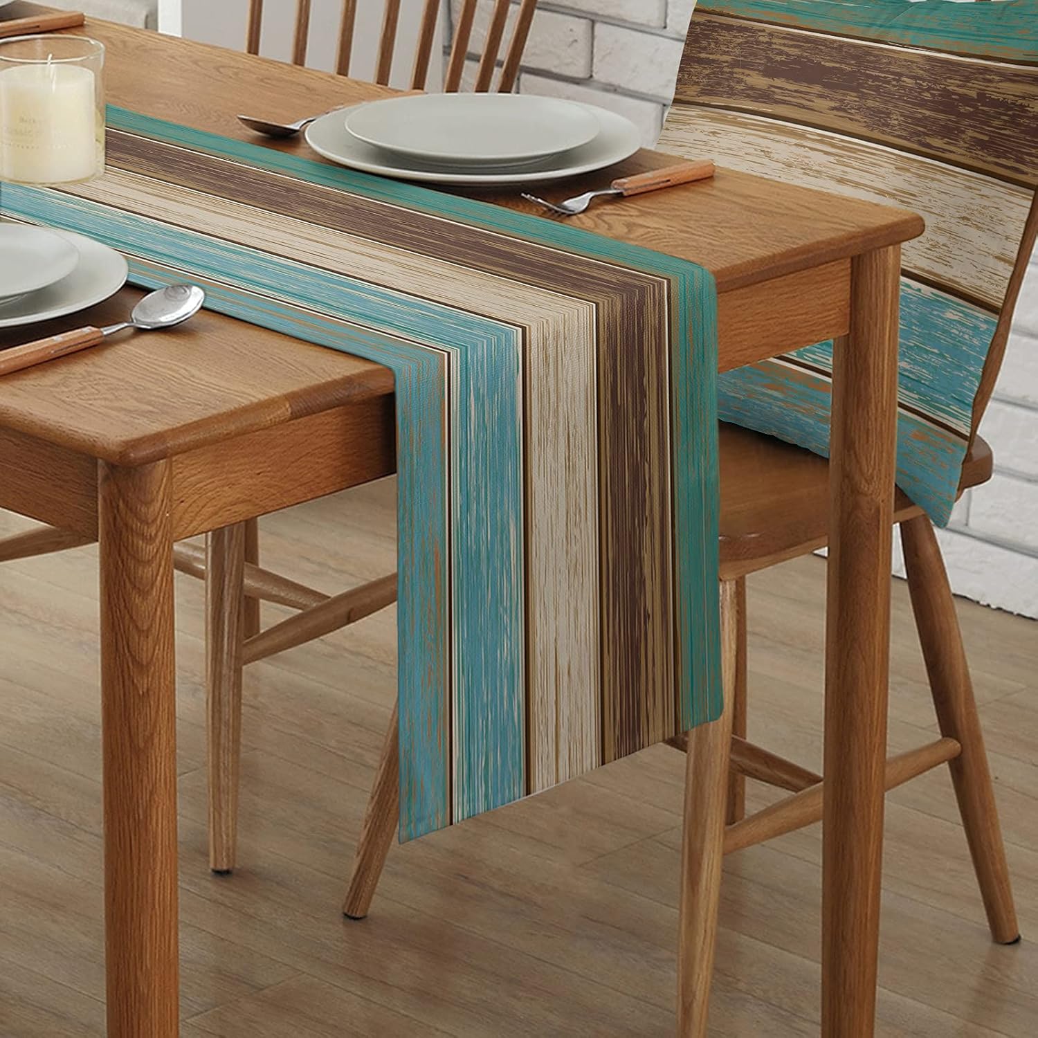 Vanderllin Table Runner Rustic Teal Turquoise 14x48 Barn-Textured Non-Slip Kitchen Use
