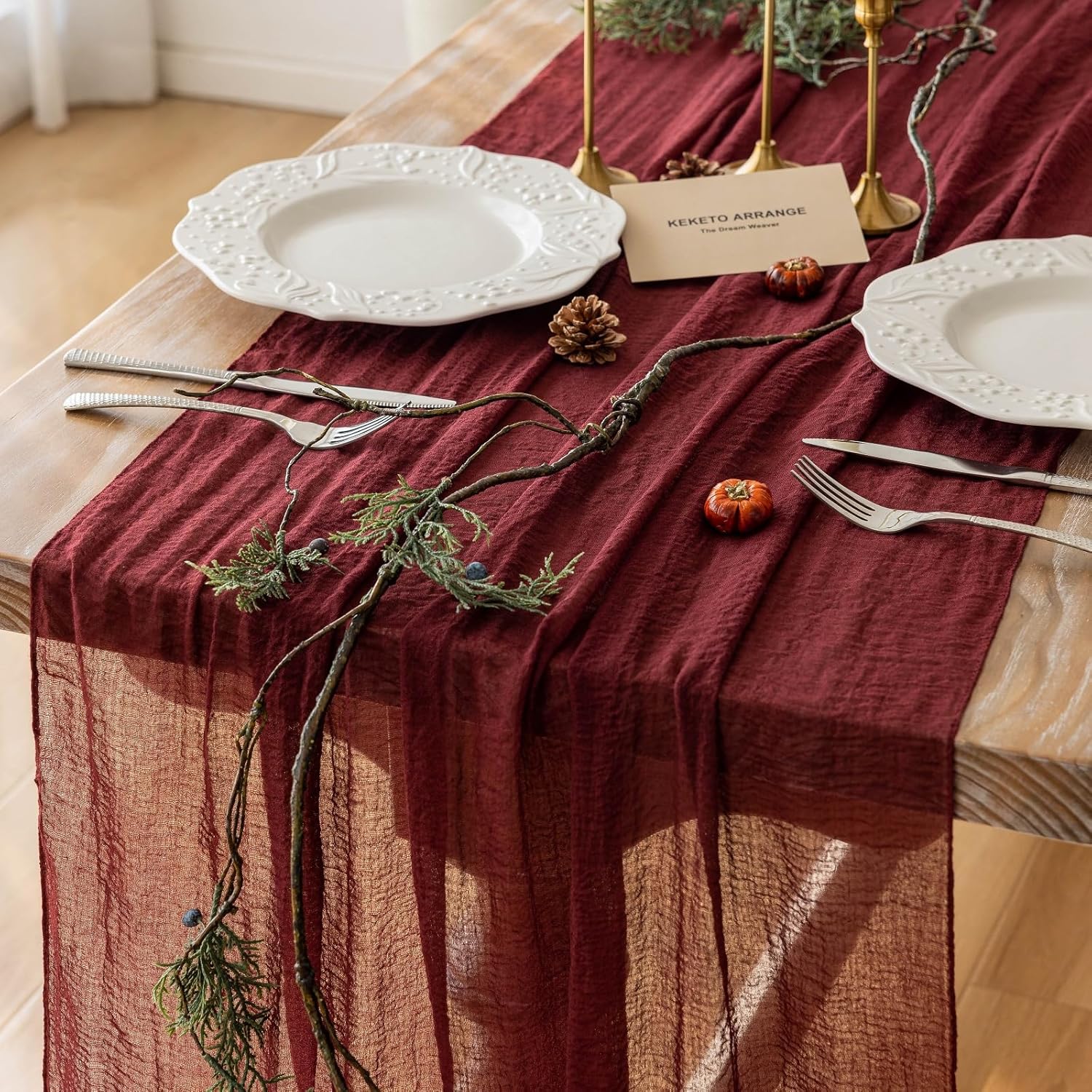 Rustic Boho Table Runner Red Cheesecloth