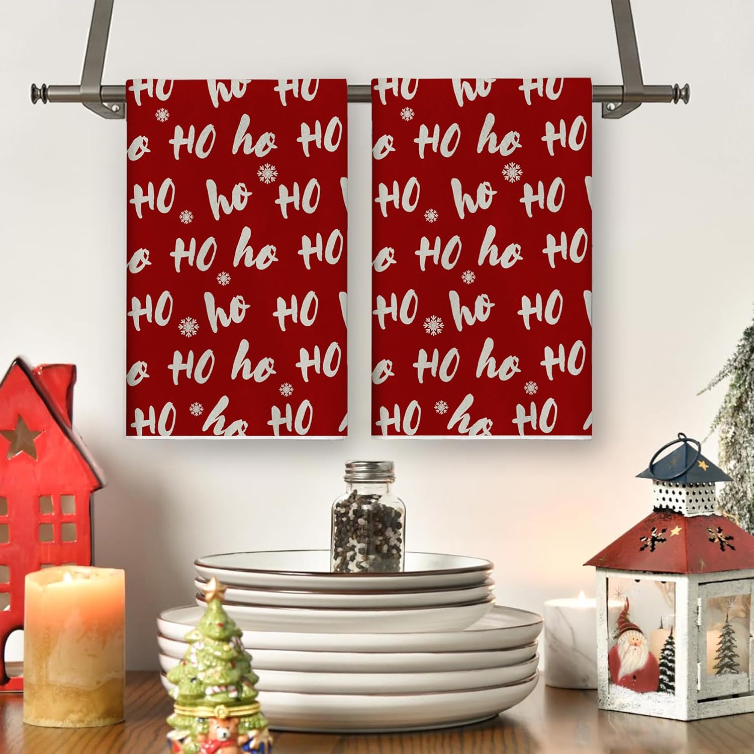 Sparkling Christmas Kitchen Towels Festive Ho Ho Ho Design Machine Washable Durable