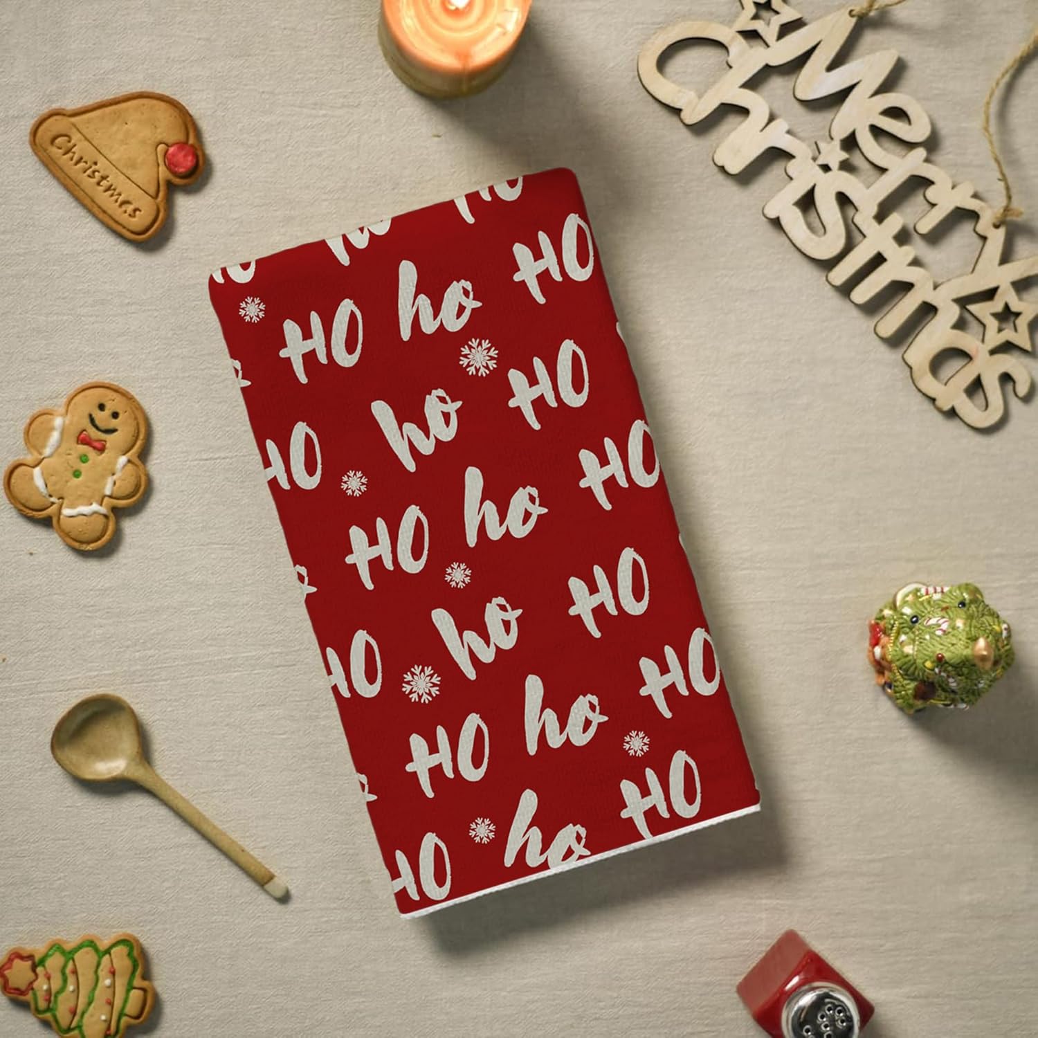 Sparkling Christmas Kitchen Towels Festive Ho Ho Ho Design Machine Washable Durable