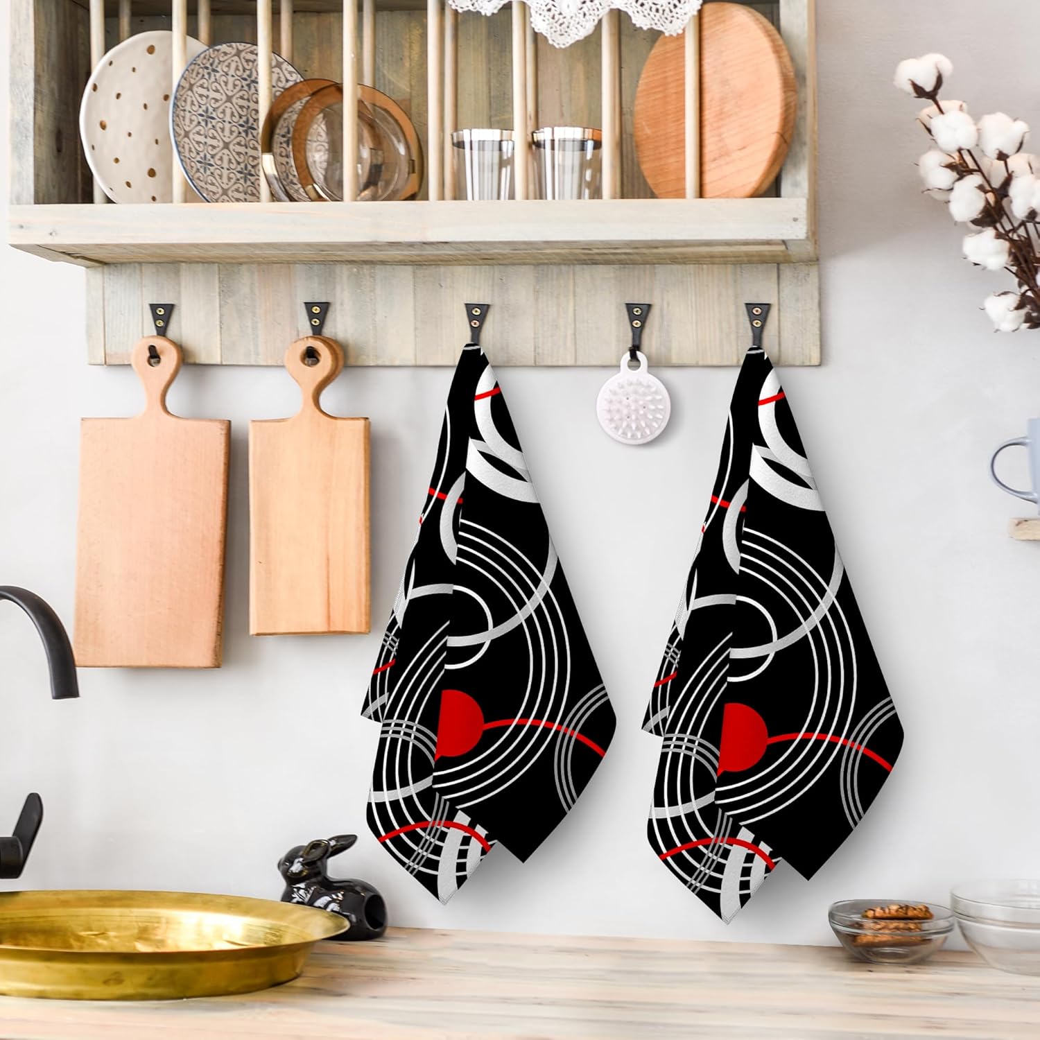 Cukemip Modern Black Red Retro Dish Towels Set of 2
