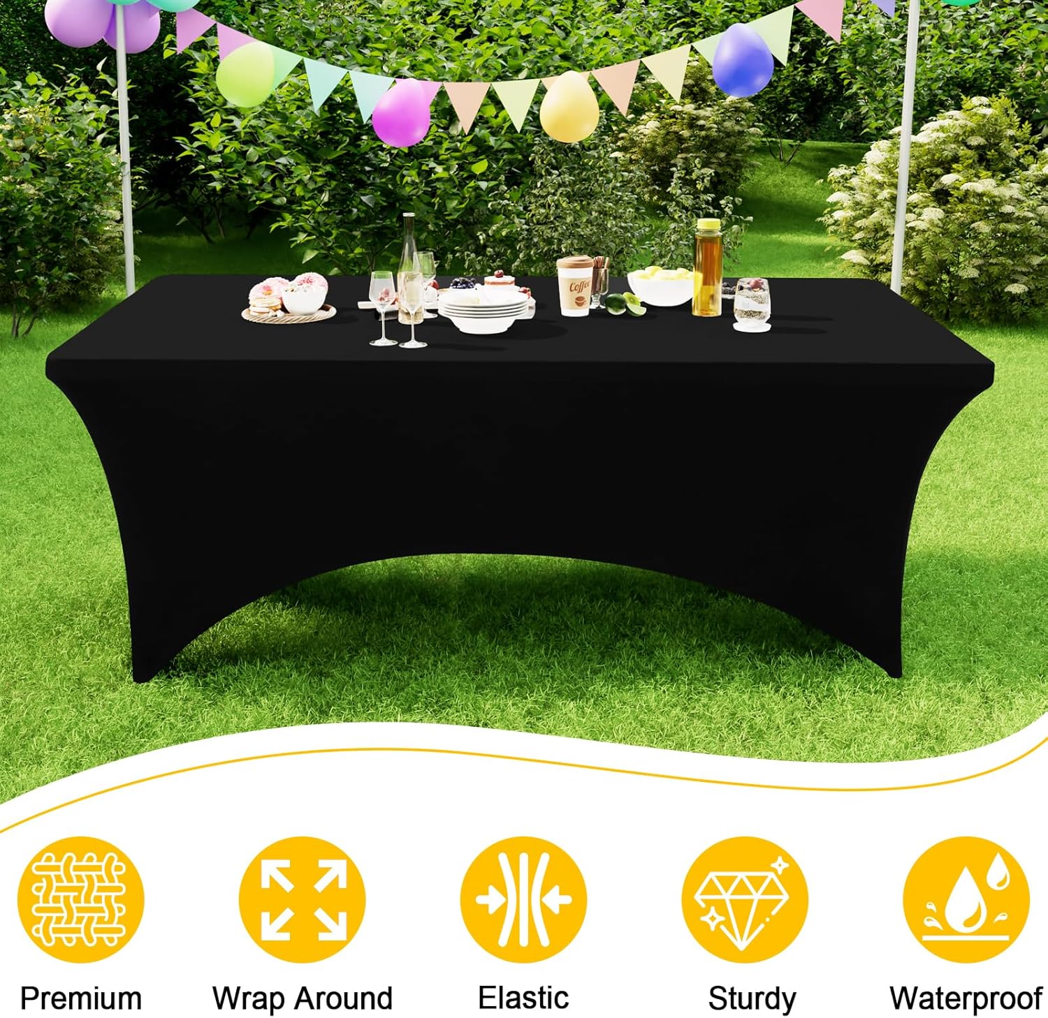 Smiry 2-Pack Elastic Tablecloth for Rectangular Tables Black 6FT